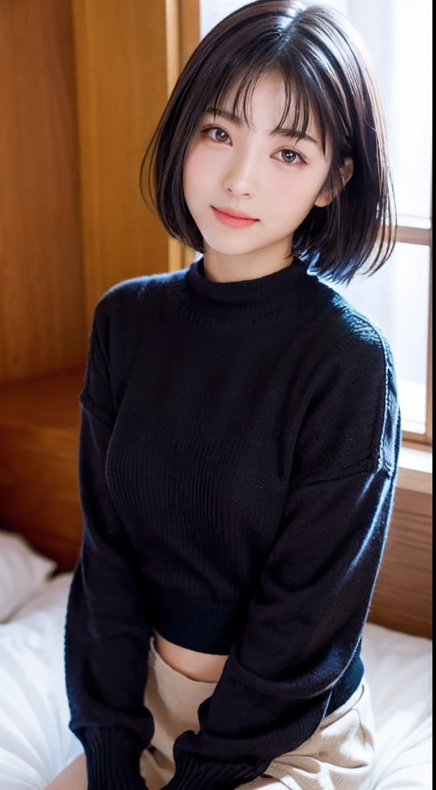 4K、top-quality、masutepiece、hight resolution、 20 year old woman in Japan、Face like an idol、middlebreasts、A dark-haired、Moe Sleeve Knitted Sweater、a miniskirt、relaxed on bed、Looking at the camera