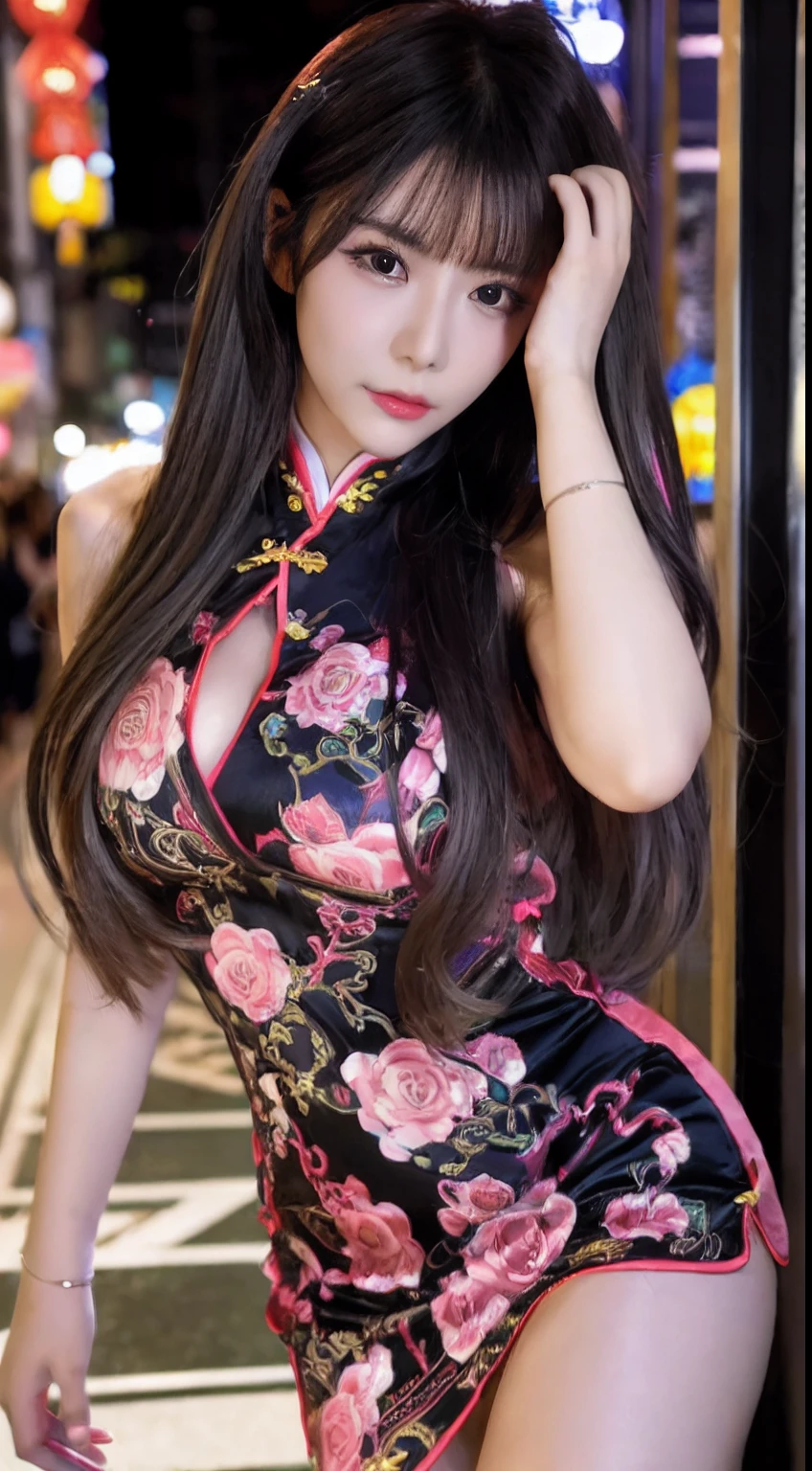 1girl in ,(qipao dress),Colossal tits, wide open cleavage,(( Character Play)),((Chinatown)) ,  (Black long-haired),((looking to camera)), High resolution,Highly detailed, looking to camera,Keep your hands above your head、Composition from below、appearance々Posing