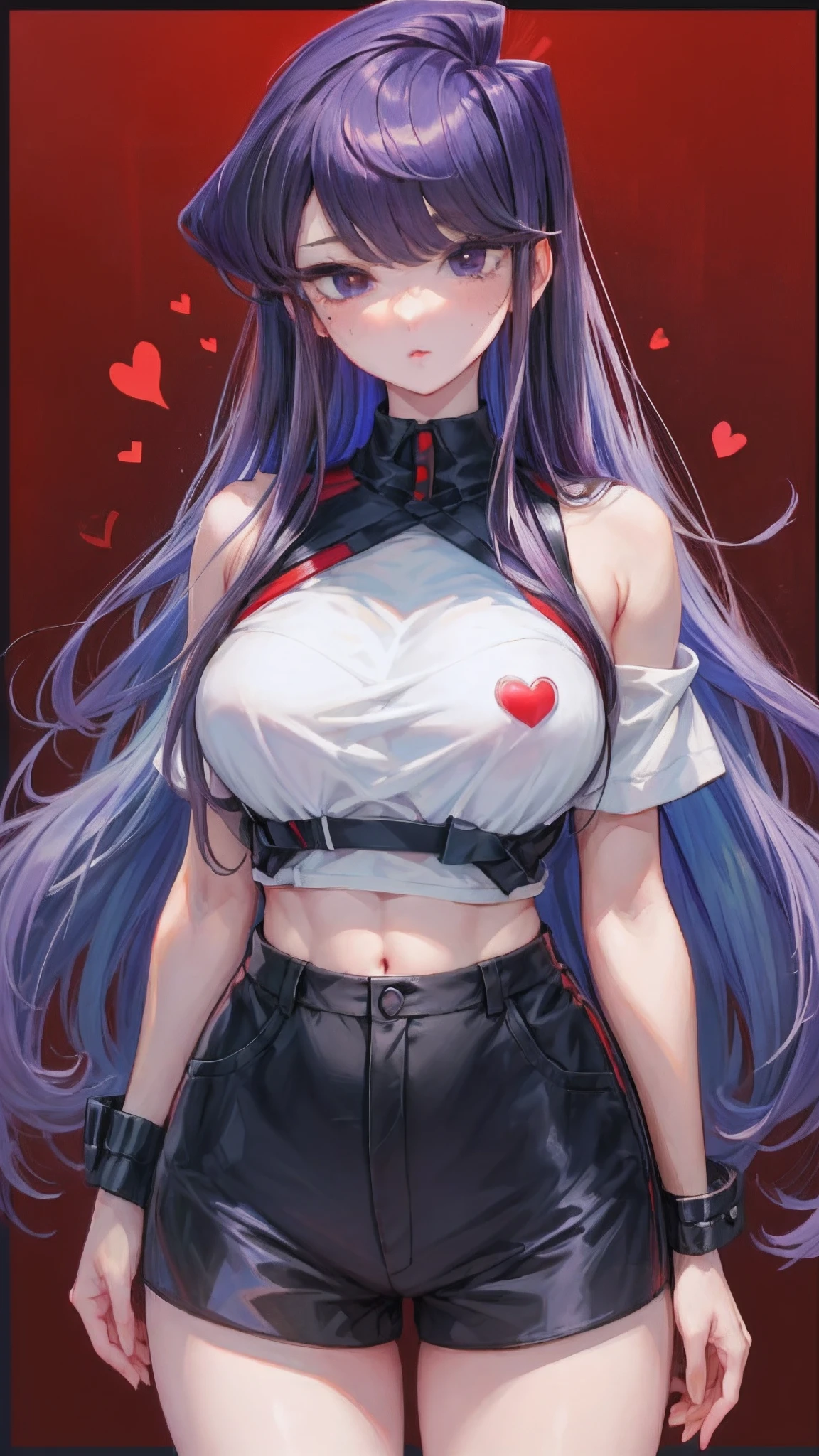 komi shouko,pixal style ,(A white border around a dark red rectangular background：2.5),The shirt，Abs，cropped shoulders，C cup，Ultra shorts，black lence stockings，High detail,Moles under eyes, Heart-shaped pupils，Love pupils，Fleshy thighs,highly rendered，detailed face with