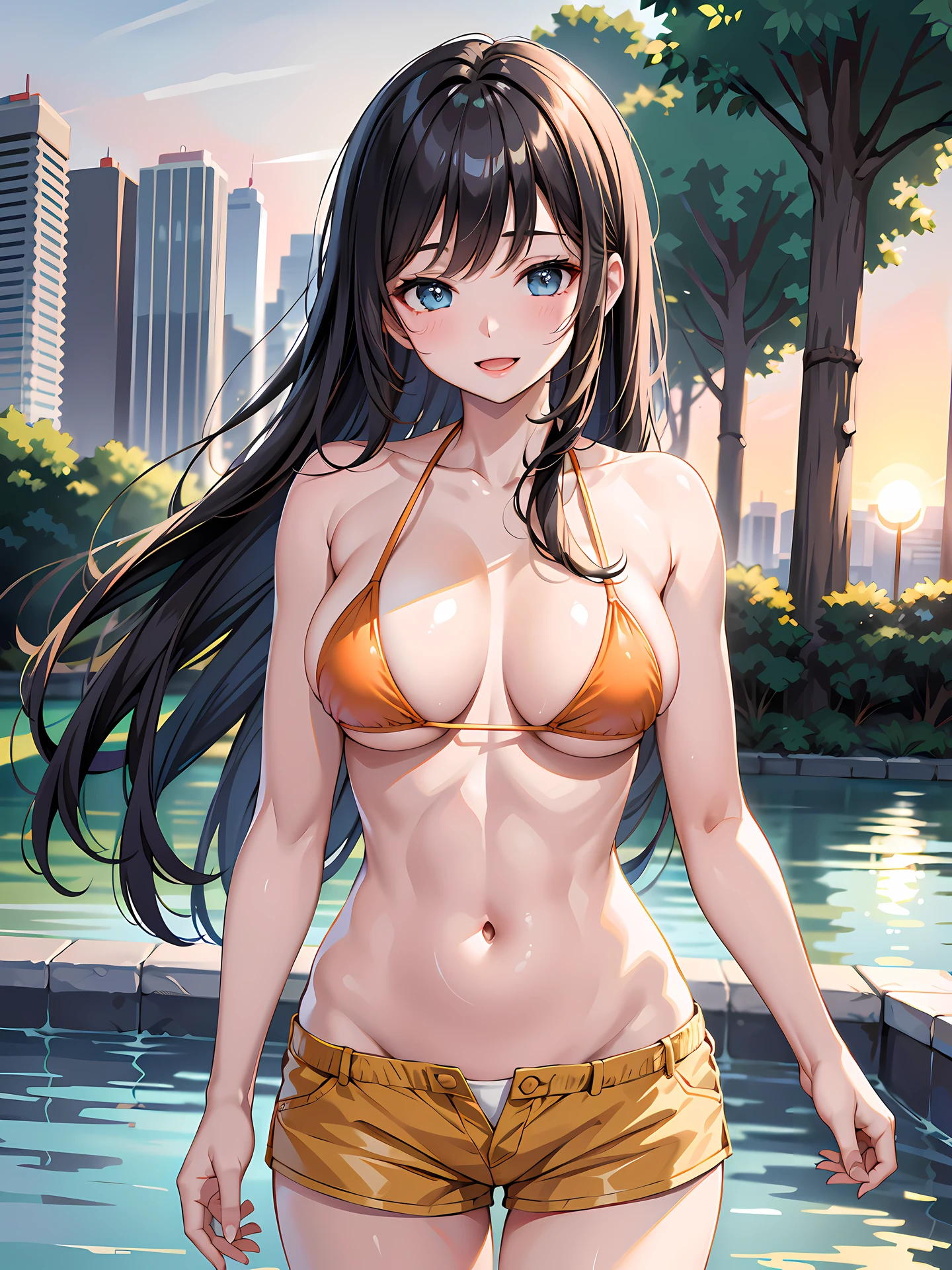 (1girl:1.3, solo), (Masterpiece, best quality, photorealistic, highres, photography, :1.3), ultra-detailed, sharp focus, professional photo, commercial photo, (upper body:1.3), (standing in water:1.3, at blue ocean), (((starring at the viewer:1.5))), (crossed arms:1.3, leaning forward:0.95), BREAK, 1girl, solo, milf, European girl, hot model, (attractive model:1.37), (promotional model:1.2), highly detailed eyes and pupils, realistic skin, (attractive body, large breast:1.25, thin waist:1.15), thin hair, single braid hair, shiny-black hair, extremely detailed hair, delicate sexy face, sensual gaze, shiny lips, BREAK, (orange bikini:1.3), (shorts:1.3), detailed clothes, BREAK, (outdoor, amusement pool background, blurry background:1.25, simple background, no-human background, detailed background), (under sunset:1.37), BREAK, (attractive posing), ((realistic, super realistic, realism, realistic detail)), perfect anatomy, perfect proportion, bokeh, depth of field, hyper sharp image, (attractive emotion, seductive smile:1.2, happy:1.2, blush:1.2, :d:1.2, :p:1.2), 4fingers and thumb, perfect human hands, wind,