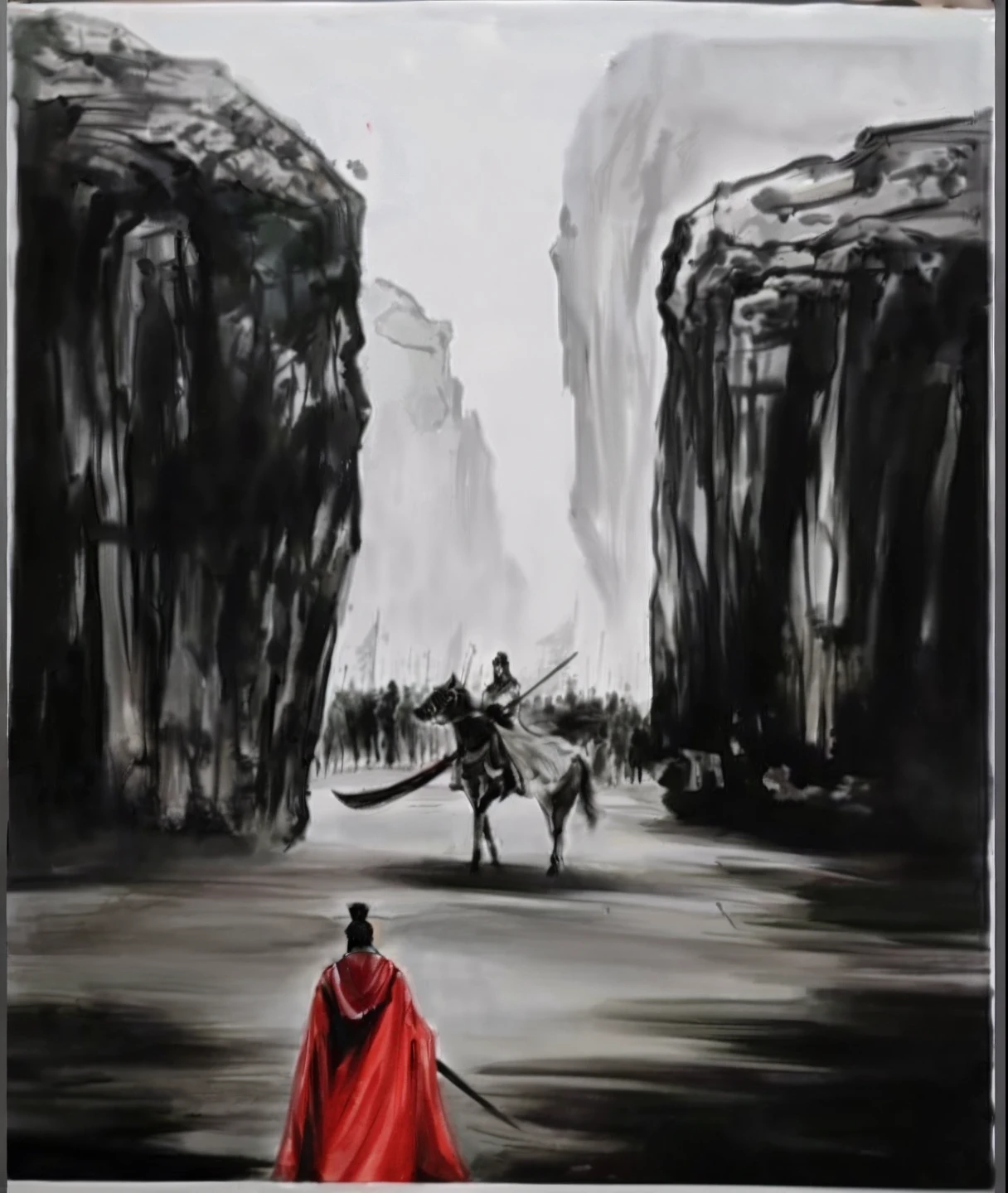 Painting a man in a red cloak walking his horse across a mountain, inspired by Fu Baoshi, inspired by Huang Binhong, ink and watercolor painting, Chinese ink painting, inspired by Lu Zhi, Ink painting ) ) ) ), inspired by Hu Zao, Chinese painting style, inspired by Cui Zizhong, Ink painting, black ink painting