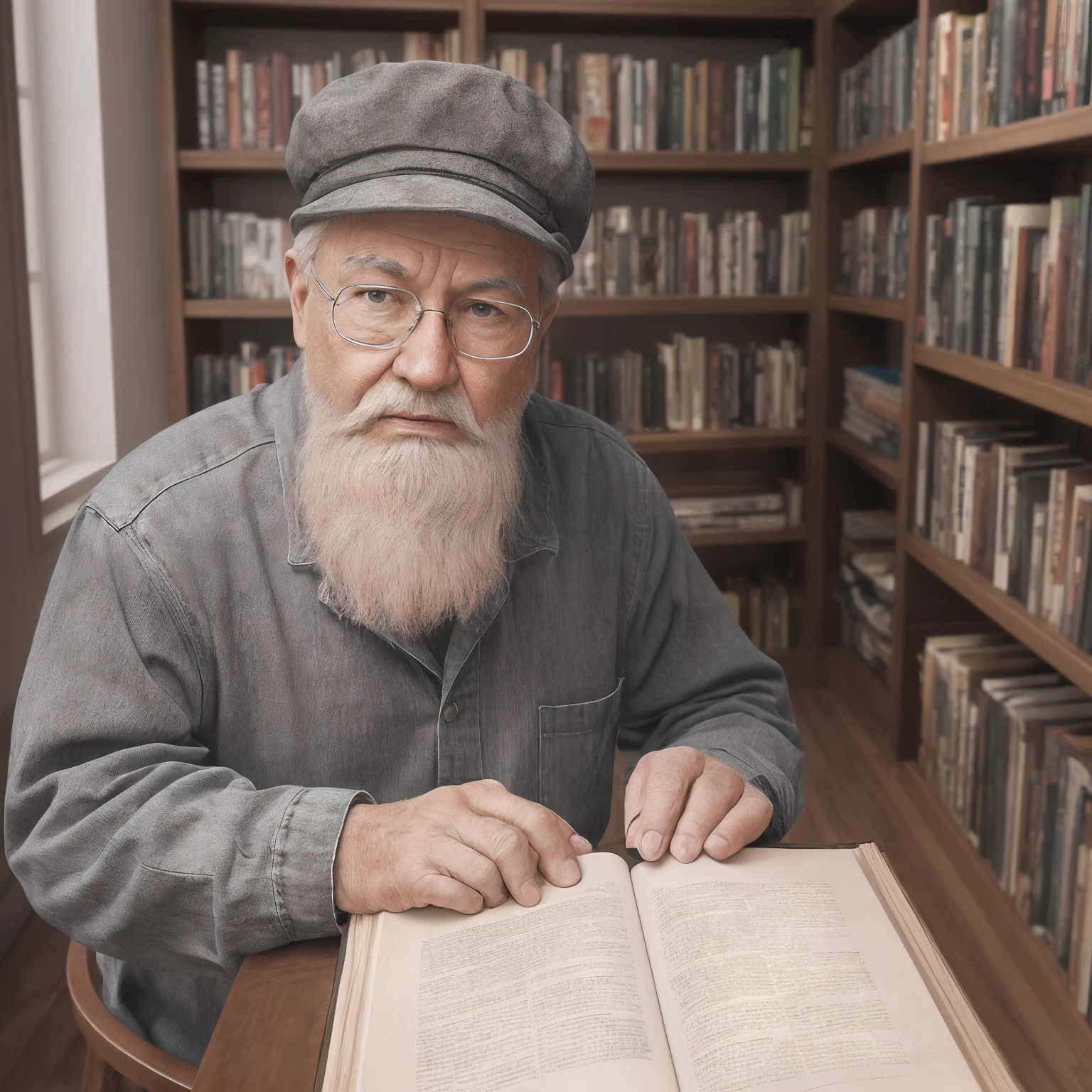 One wears a gray hat,An old man with a long white beard stands in front of a bookshelf,White hair,Kind eyebrows,ultra-realistic realism,first person perspective,pov,1080P,UHD,textureskin,high detal,high high quality