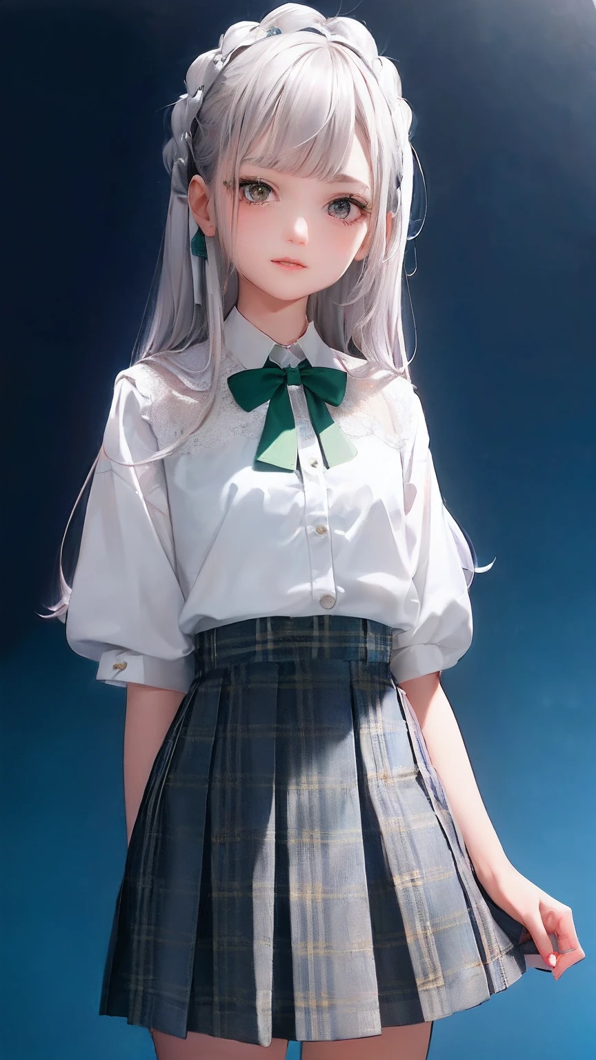 1girl, (masterpiece:1.1), (best quality:1.1), (white blouse:1.1), (plaid skirt:1.1), school uniform, high waisted skirt, break [blue:pink:0.5] theme, (gradient background: 1.1), denim lens, break silver hair, long hair, green eyes, delicate headdress, sideways, curtsy