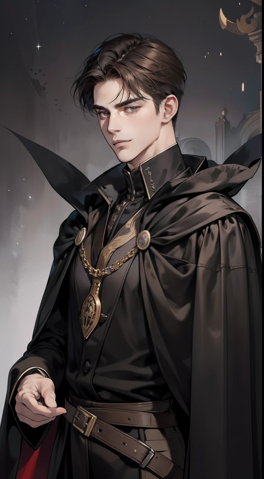 masterpiece, best quality, realistic, 1man, mature male, quiet and charming young man, 25years old, a smirk, closed mouth, portrait, extremely detailed face, a little distant, ((dark eyes)), ((short-right-swept dark brown hair)), [thick eyebrows], dark palace, ((long black cape)), (evil king), ((all black))