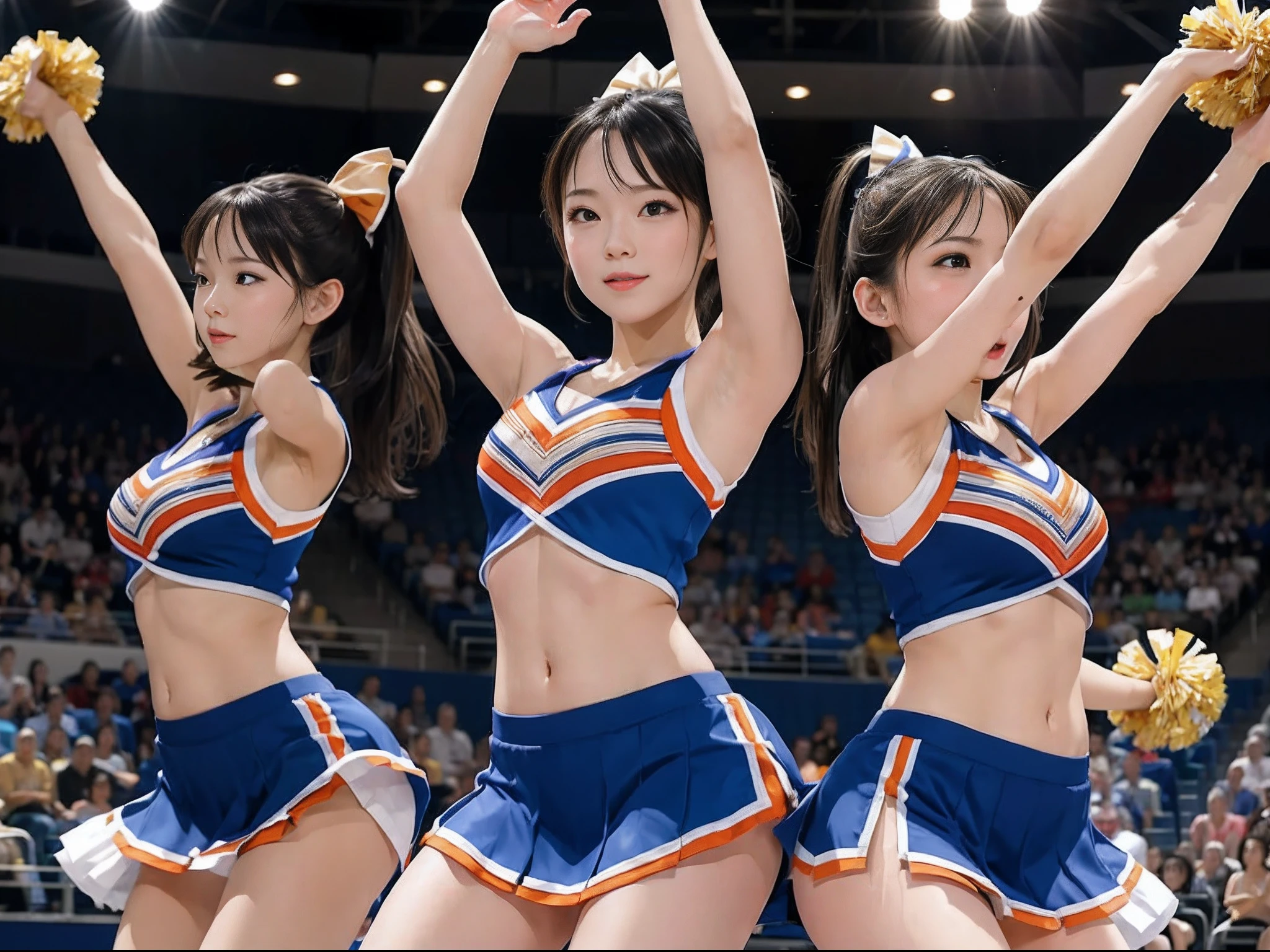 Beautiful cheerleaders dancing on stage、Draw an energetic and vibrant performance。