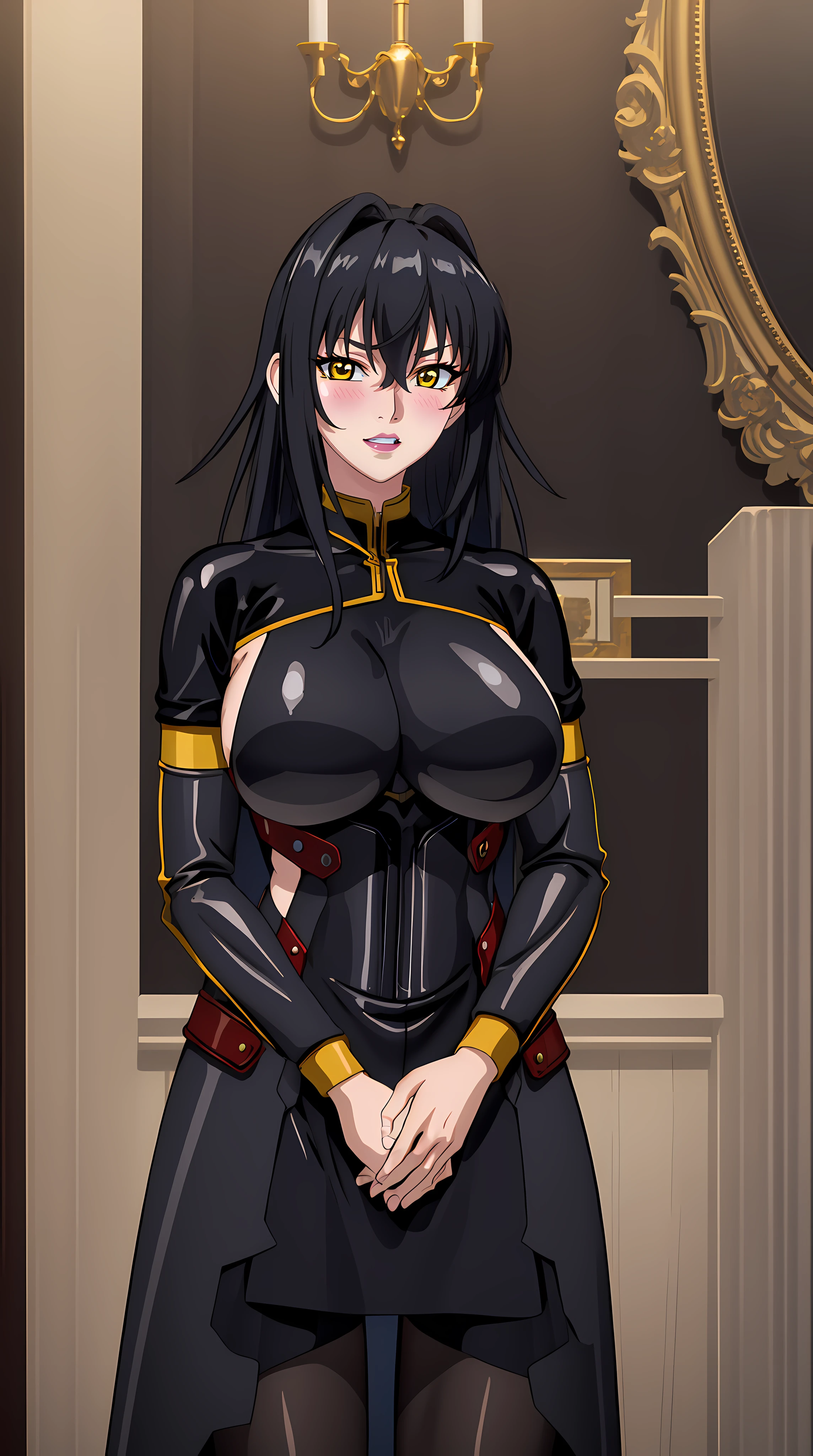 professional artwork, Intricate Details, sharp focus, detailed painting, photorealistic lighting, trending on pixiv, Standing at attention, ((black outfit ,yellow collared shirt,black and red bodysuit,skin_tight,black legwear, black pantyhose, Side_boob)), (((fully suited:1.5))) black hair,very long hair, Bangs,yellow eyes,makeup, lipstick, 40yo,mature female,Beautiful Finger,Beautiful long legs,Beautiful body,Beautiful Nose,Beautiful character design, perfect eyes detail, perfect face, looking at viewer,official art,extremely detailed CG unity 8k wallpaper, perfect lighting,Colorful, Bright_Front_face_Lighting, (masterpiece:1.0),(best_quality:1.0), ultra high res,ultra-detailed, photography, 8K, HDR, highres, absurdres:1.2, Kodak portra 400, film grain, blurry background, bokeh:1.2, lens flare, (vibrant_color:1.2) (Beautiful,large_Breasts:1.4), (beautiful_face:1.5),(narrow_waist), (solo:1.4), ((cowboy shot:1.4, closeup)), annerose:1, (blushing, shy, tsundere:1),