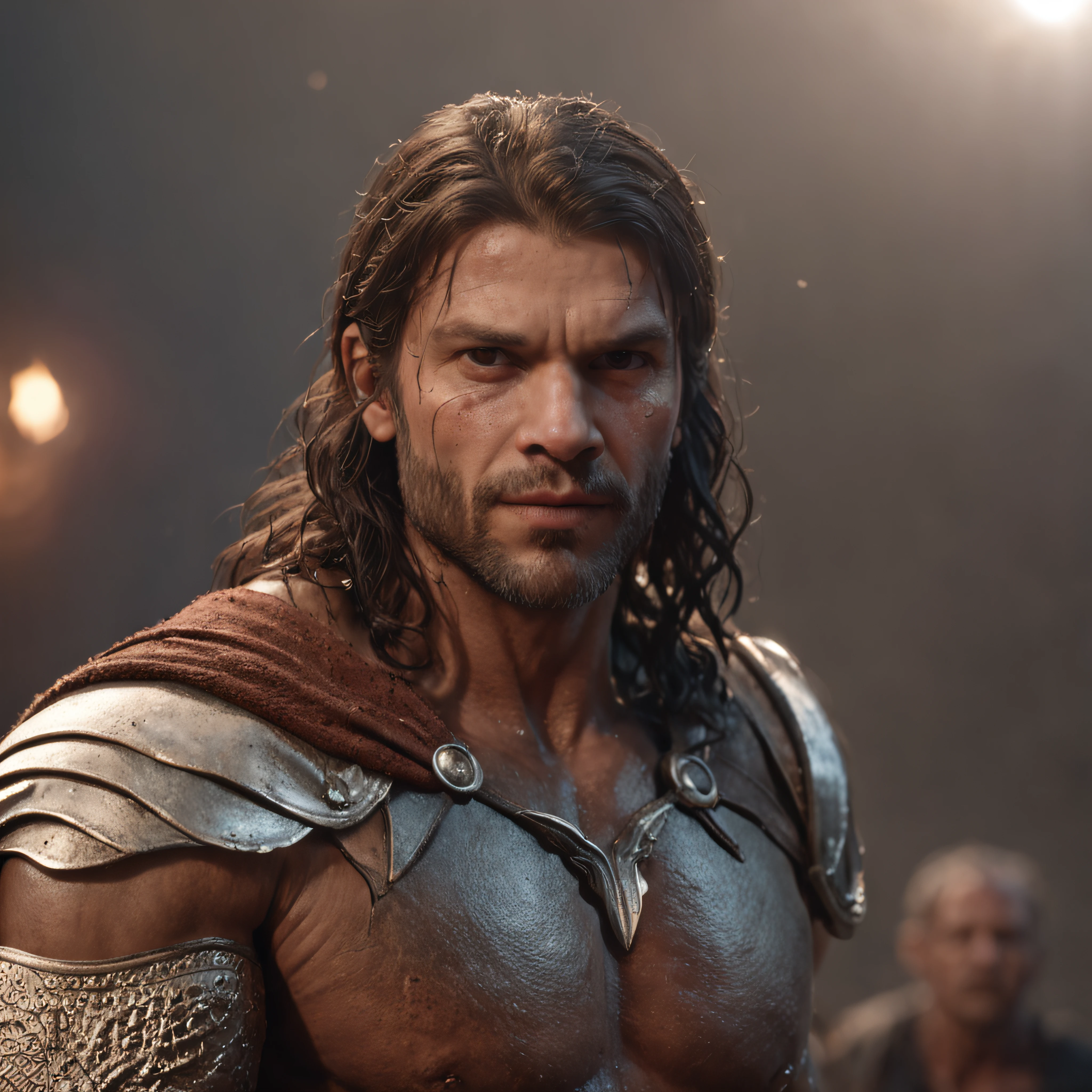 (Professional 3D rendering:1.3) de (Realistic:1.3) Foto de arte mais bonita do mundo,Features soft, bright male heroes, ((Epic hero fantasy rough muscular man wet hero angry look long hair short beard and fierce expression in dynamic pose, fantastic location, majestoso ambiente desordenado)), corpo inteiro 8k unidade render, action shot, poros da pele, very dark lighting, sombreamento pesado, circunstanciado, Rosto detalhado, (vibrante, fotogrdeia realista, Realistic, Dramatic, Escuro, foco nítido, 8k), (Old leather clothes damaged by bad weather:1.4), ((((Use peles)))), (intrincado:1.4), decadente, (altamente detalhado:1.4), pintura digital, rendering by octane, art stations, Conceito-Arte, liso, foco nítido, illustration, germe da arte, (Loish:0.23), Wlop Ilya Kuvshinov, e Greg Rutkowski e Alphonse Mucha Gracias, (global ilumination, studiolight, Light Volumetric), chuva forte, floating particles, patife, fantasia, Onze, corpo inteiroesbian, ((Fundo escuro e antigo da cidade:1.3)),CGSesociedade,art stations, Make a Skull-Shaped Male Demon on Your Throne in Hell