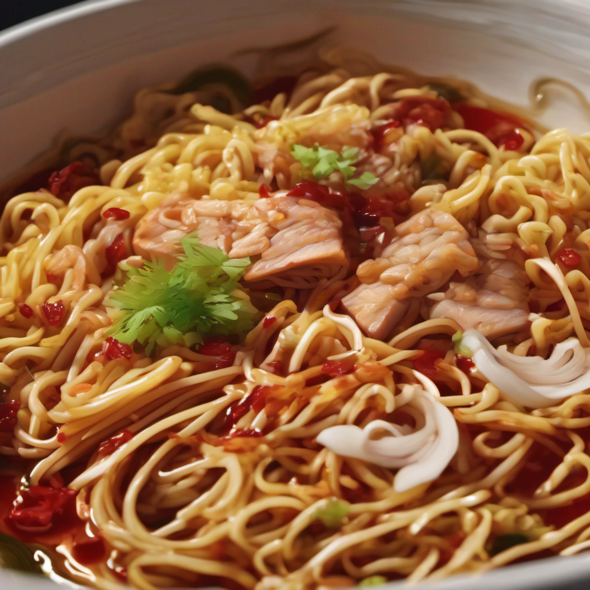 Close-up of a bowl of Chinese noodles,There is sauerkraut inside, In a colorful animation stills style, sci fi anime, Dark red and dark amber, Qian Xuan, organic sculpting, accurate and detailed, Anime core ,32k ULTRAHD, Best quality, Masterpiece, Super detail, High details,Amazing photographic shots,professional,Studio light source, Michelin kitchen style,High detail(The backstory of the restaurant) +, (Complicated details: 1.12), hdr, (Complicated details, Hyper-detailing: 1.15)