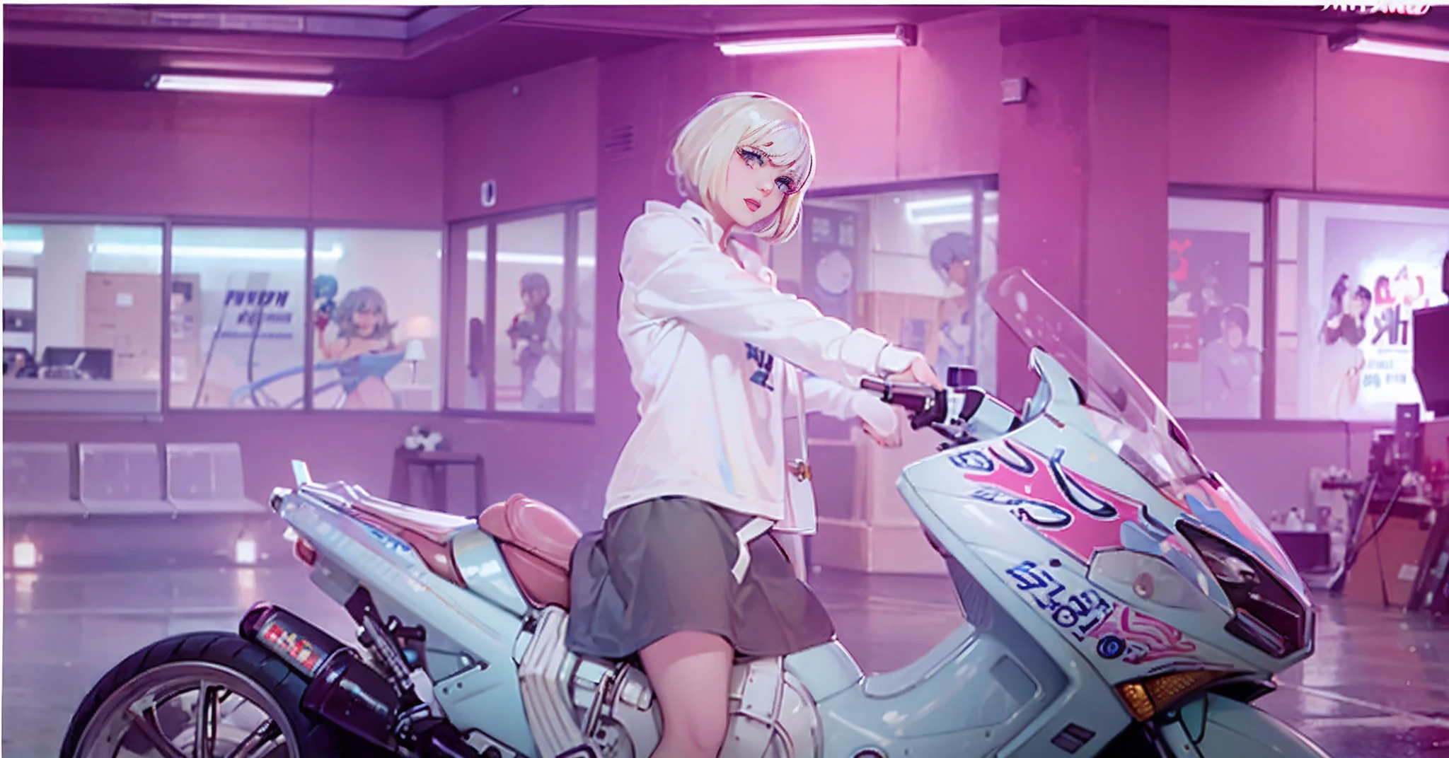 Blonde woman with white hair sitting on a blue motorcycle in pink room, anime style mixed with fujifilm, sonyoonjoo, Amy Sol in style, still from a music video, 2 b, 2b, iu lee ji-eun as a super villain, e - girl, e-girl, lalisa manobal, Music Video,takahashi rumiko