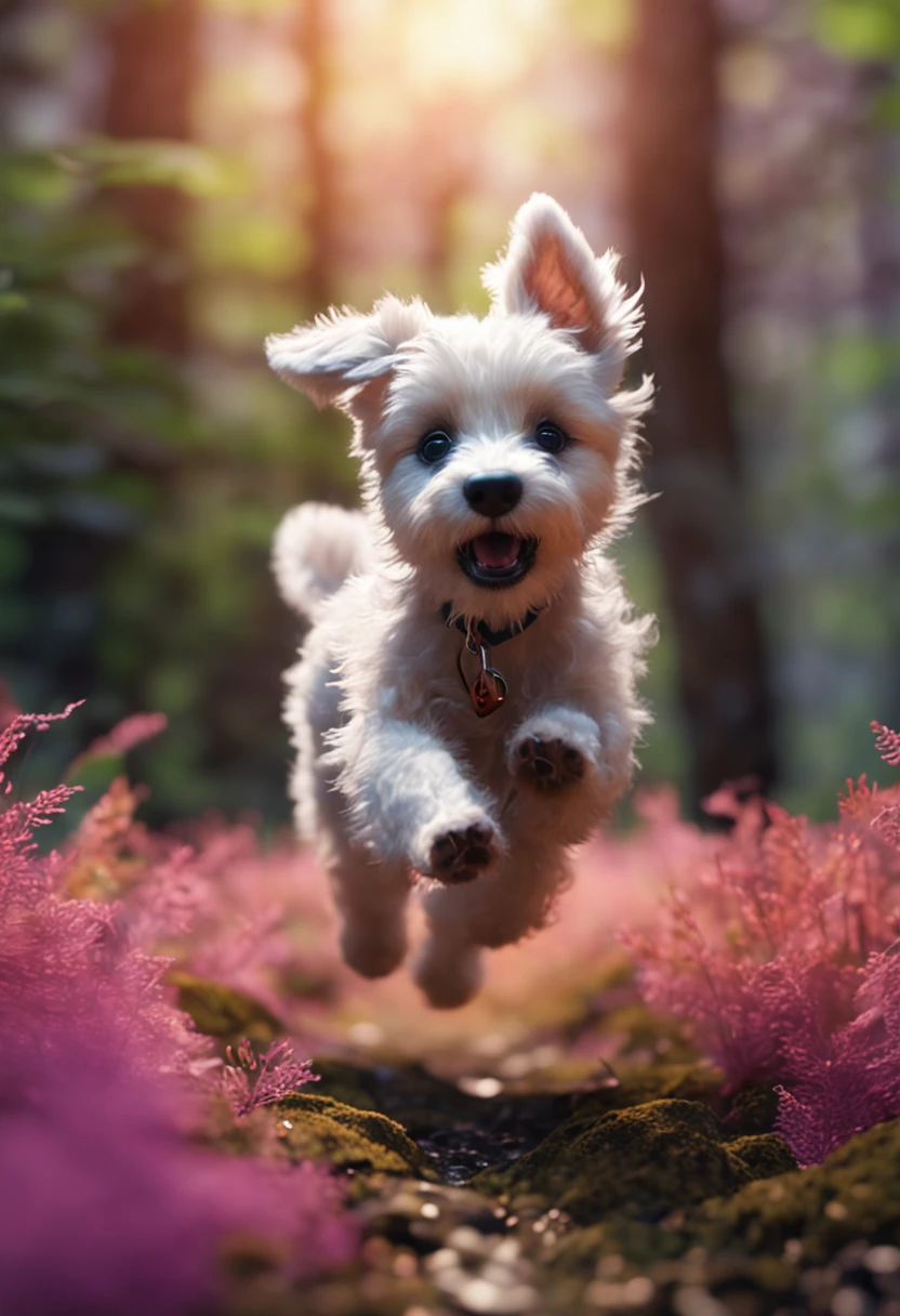 close up photo of a very cute jumping puppy in the forest, soft volumetric lights, (backlit:1.3), (cinematic:1.2), intricate details, (ArtStation:1.3), Rutkowski
