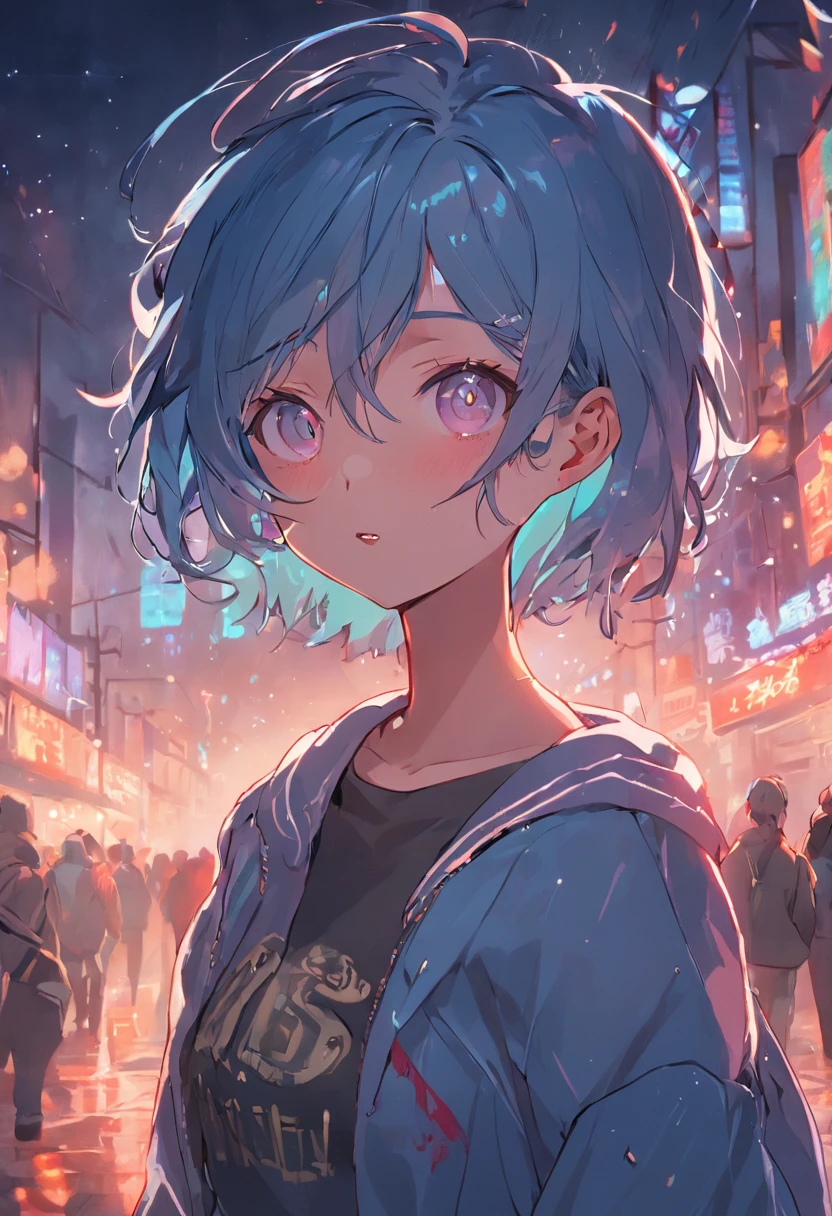 (Wearing glasses) (Standing at street), (Night background), Short denim skirt, Complex background, Multi-colored hair, (Colored inner hair), short detailed hair, Heart-shaped pupil, one eye closed, Sparkling Students,  saliva dripping,  Full brush, Side lighting, Complex background, Room Stay, Side lighting, Glossy makeup, Glossy makeup,  rude, embarrassed, Blushing, torn, Unconscious, Takashima Yao, Rough breath, Drooling, Naughty face, saliva trail, Evil, Verbal invitation, Cinematic lighting, hyper HD, Mastea Piece, Curate, Anatomically correct, Textured skin, Super Detail, 8K and