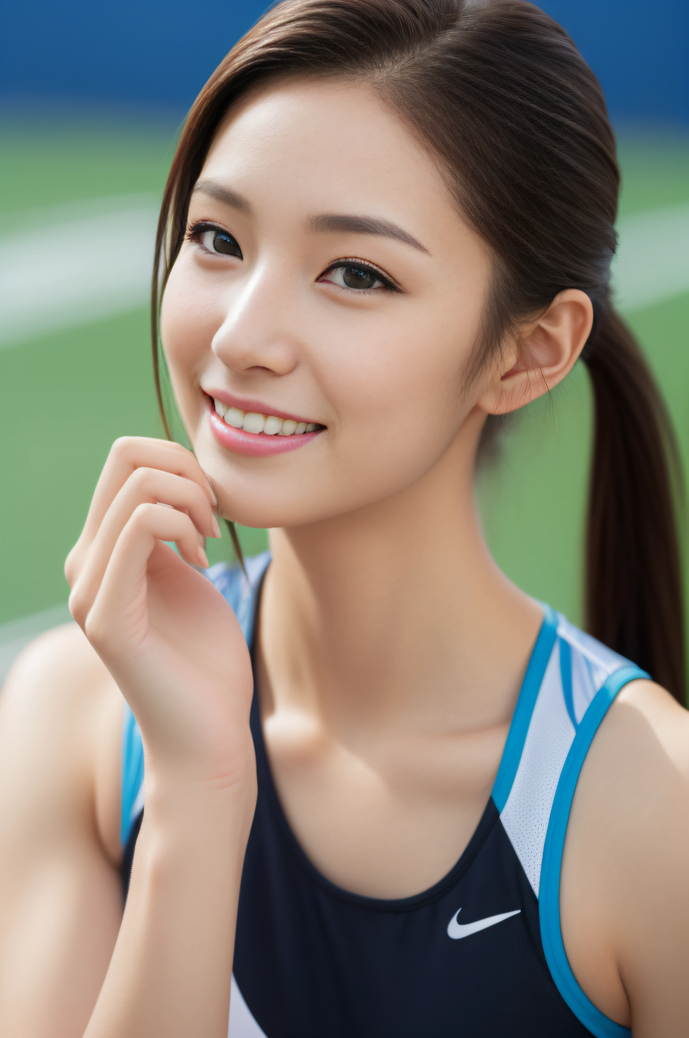 (((full bodyesbian)))、track and field uniform、Posing、athlete、Beautiful breasts、japanese beauty girl、Beautiful butt、((poneyTail))、Perfect style、beauty legs、kawaii、((Track & Field Athletes Women))、(((1人)))、((stadium))、Transcendent cute、A slight smil、full bodyesbian、athletic field、((Outstanding style))、((Healthy body))、 Photorealsitic、Beautiful detailed eyes、Hyper-Realism、highcontrast、Ultra HD、realistic skin textures、Top image quality、top-quality、超A high resolution、Fine details、Very meticulously