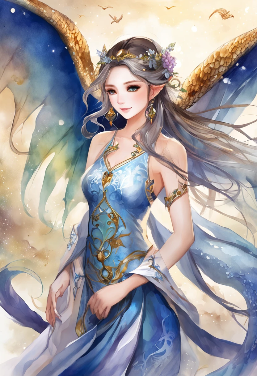 Explore"Dragon Maiden"Unique charm，A beautiful girl of the ancient wind dragon clan,Heterochromia in both eyes,Slender and delicate body,A flowing posture suspended in the air,Brilliant dragon scale skin,Dragon wings unfold,The night sky is shining with stars,Dancing elves,It's like a fairytale wonderland。