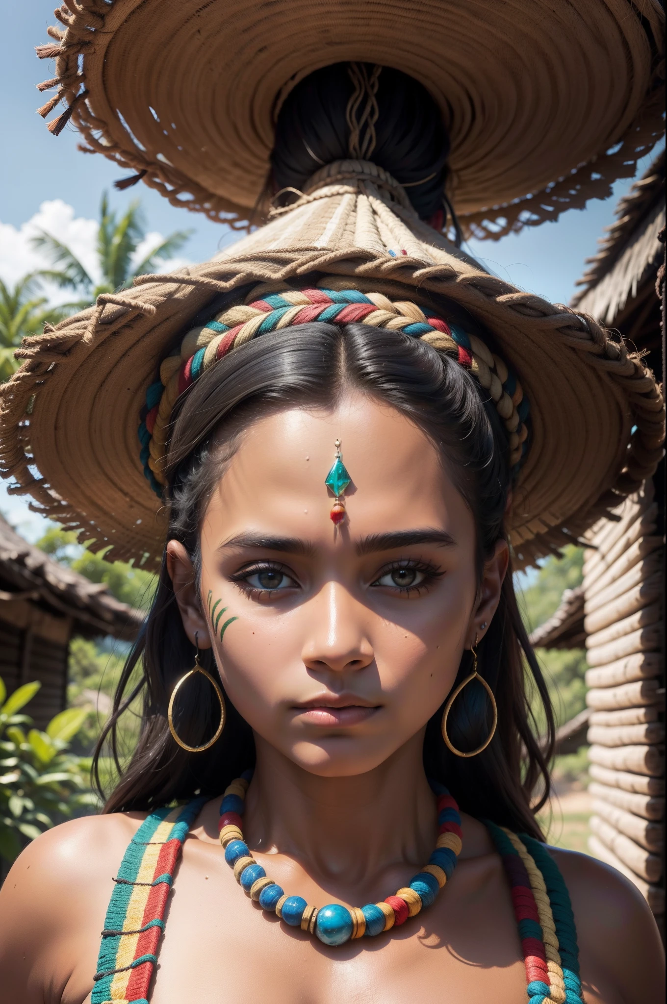 obra prima, alta qualidade , cacique da tribo , Homem , chefe da tribo , guerreiro , rosto detalhado , Cinematographic photo , Brazilian indigenous tribe , indian, muito detalhado , ambiente detalhado , Typical houses, indigenous paintings on the face , Detailed scratches , textura na pele , reflexos do sol , 8k