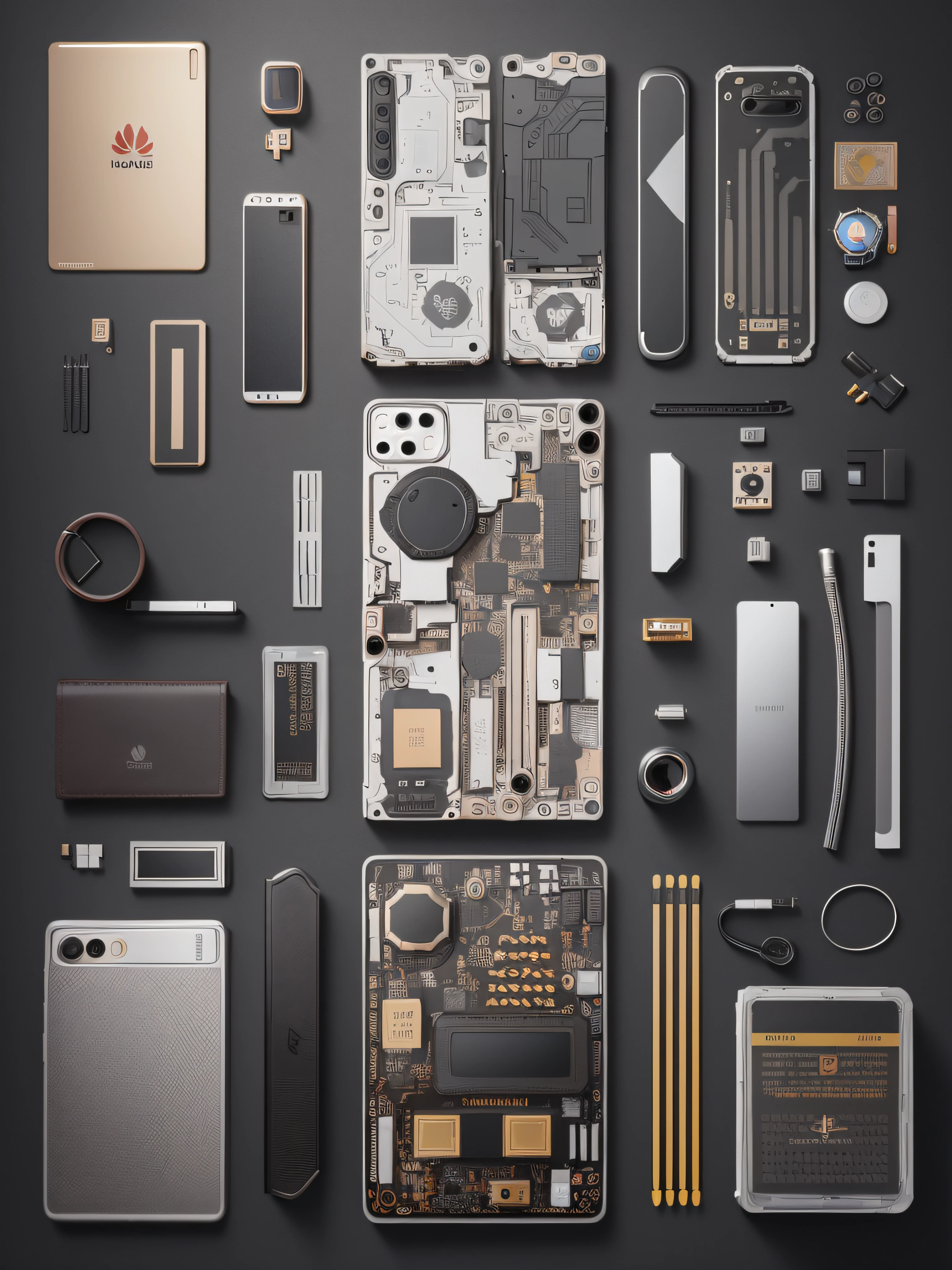 knolling,Huawei phones and parts,Vivid colors,tmasterpiece,Best quality at best,Super detailed CG,super rich detail,simple backgound,8k