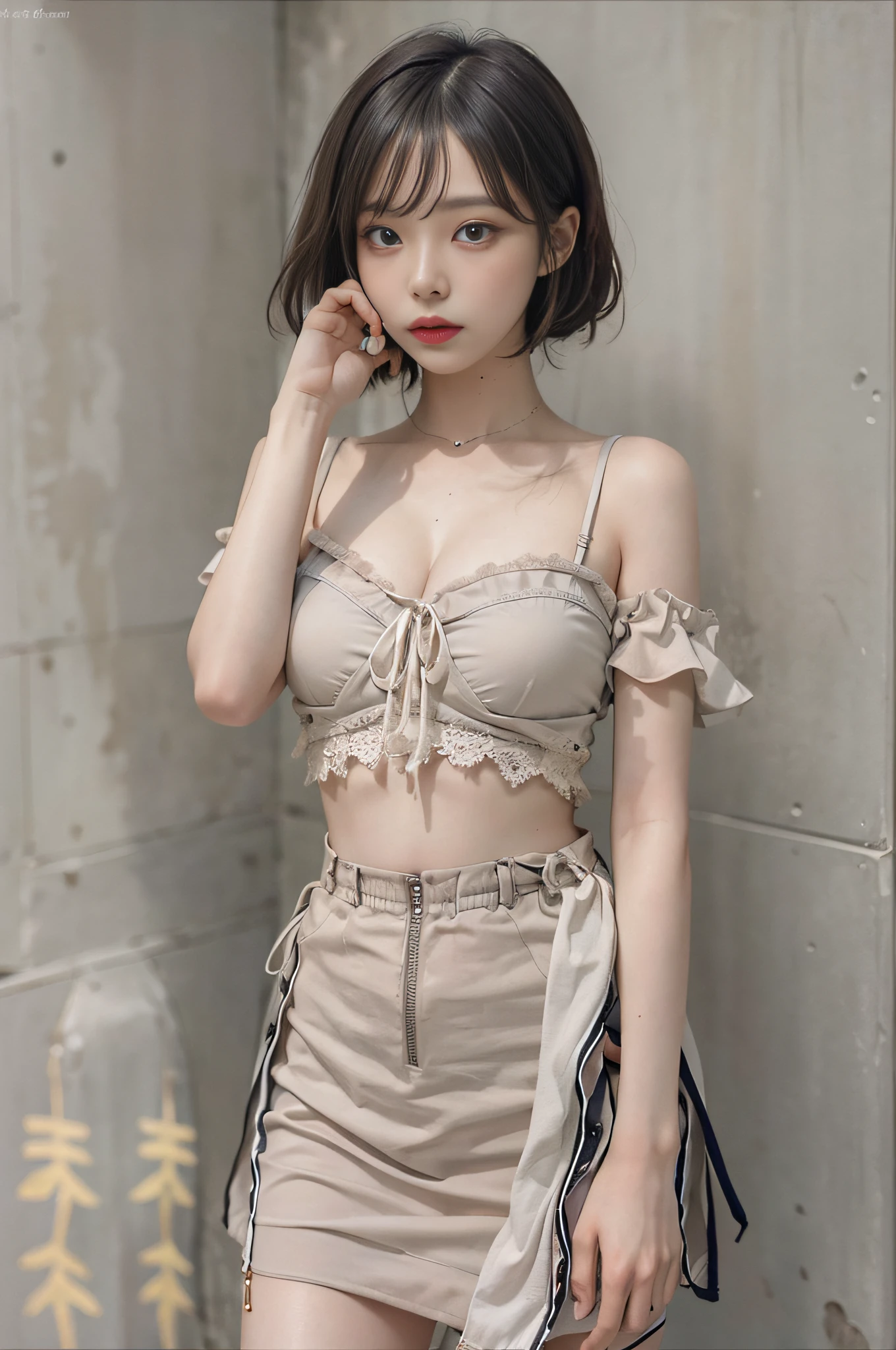 Top image quality、Raw photography、超A high resolution、An 18-year-old woman、Shooting for one person only、modelshoot、round breast、cleavage of the breast、Summery clothes、Beautiful Eyes of Details、very elongated eyes、Beautiful eyelashes、Beautiful double eyelids、Black walls、very slender legs、Shorthair with light brown hair、very slender physique、Very small buttocks
