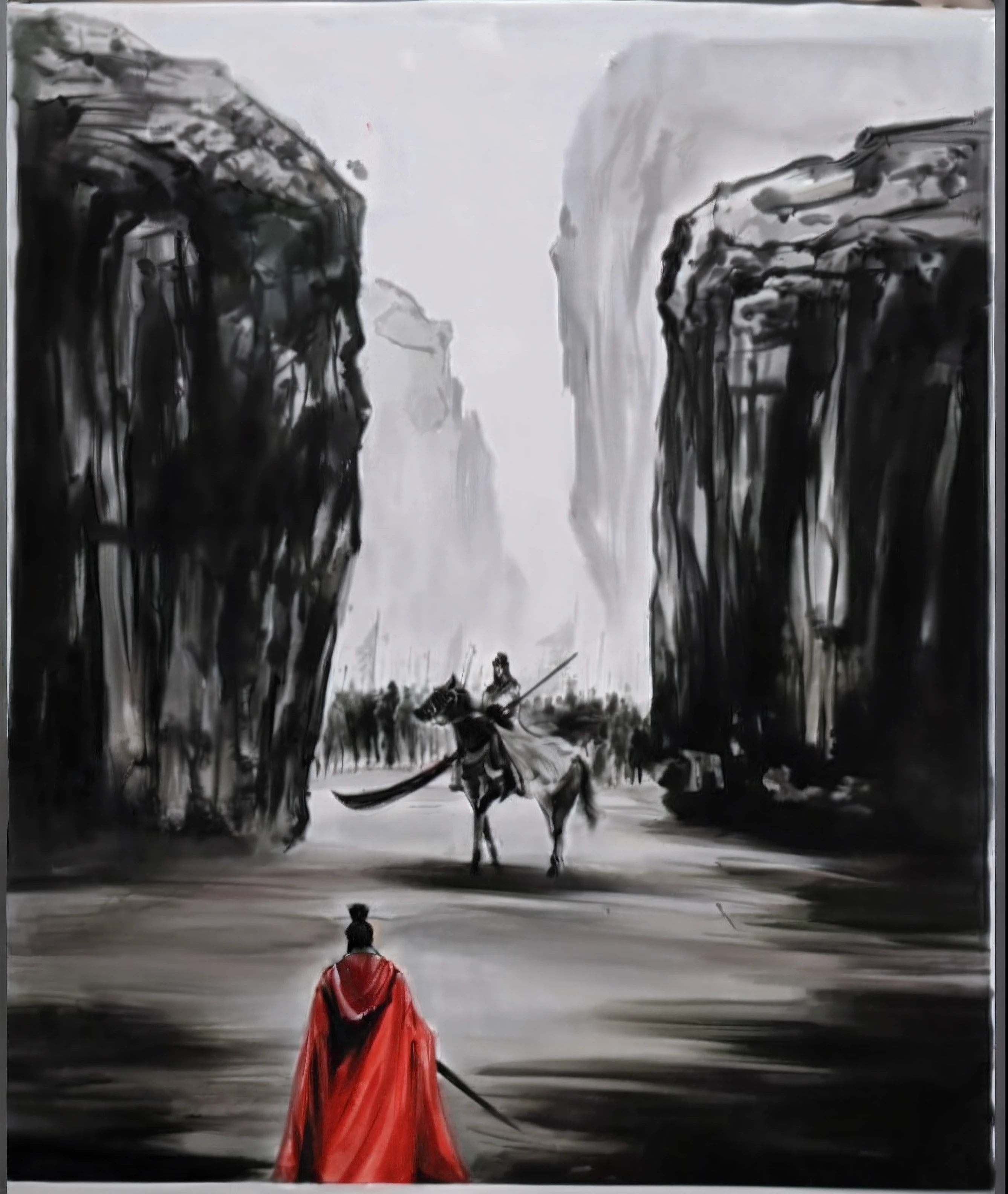 Painting a man in a red cloak walking his horse across a mountain, inspired by Fu Baoshi, inspired by Huang Binhong, ink and watercolor painting, Chinese ink painting, inspired by Lu Zhi, Ink painting ) ) ) ), inspired by Hu Zao, Chinese painting style, inspired by Cui Zizhong, Ink painting, black ink painting
