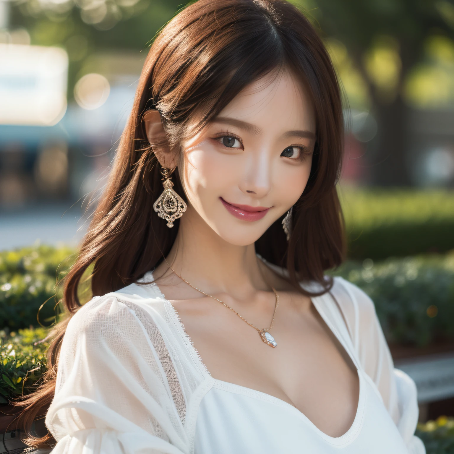 ((Best Quality, 8K, Masterpiece: 1.3)), 1girl, 1 girl, blush, (seductive smile: 0.8),, hair accessory, necklace, jia, tyndall effect, realistic, light edge, two-tone lighting, park, garden, 8K ultra hd, DSLR, high quality, volumetric lighting, voyeur, photo, high resolution, 4k, 8k, background bokeh, gorgeous clothes, earrings, 35mm, high detail hair, upper body, bust, portrait, ultra-clear face, slender beauty, (long hairstyle casual, :1.2), Gorgeous dress: 1.1, Super fine face, Delicate eyes, Double eyelids, black and white mixed clothes, necklaces, earrings, (dresses, shirts,) light and shadow, high detail light and shadow, lace edges, Genshin, (Kamisato Ayaka, walnut, Ganyu)