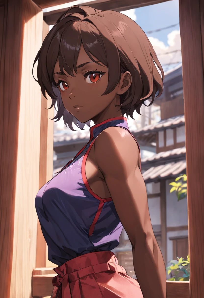 (highres, best quality:1.2), intricate details, vibrant image, sharpness, colorful, ShioriNishimura, dark skin, dark-skinned female, solo, mature female, milf, looking at viewer, hands on hips, cowboy shot, room, indoors, window, tree, sky, brown hair, short hair, makeup, brown eyes, perfect eyes, perfect face, detailed face, (choker:1.1), red tank top, pencil skirt, navel, midriff, sweat, curvy, (huge breasts:1.1), thighs, narrow waist,