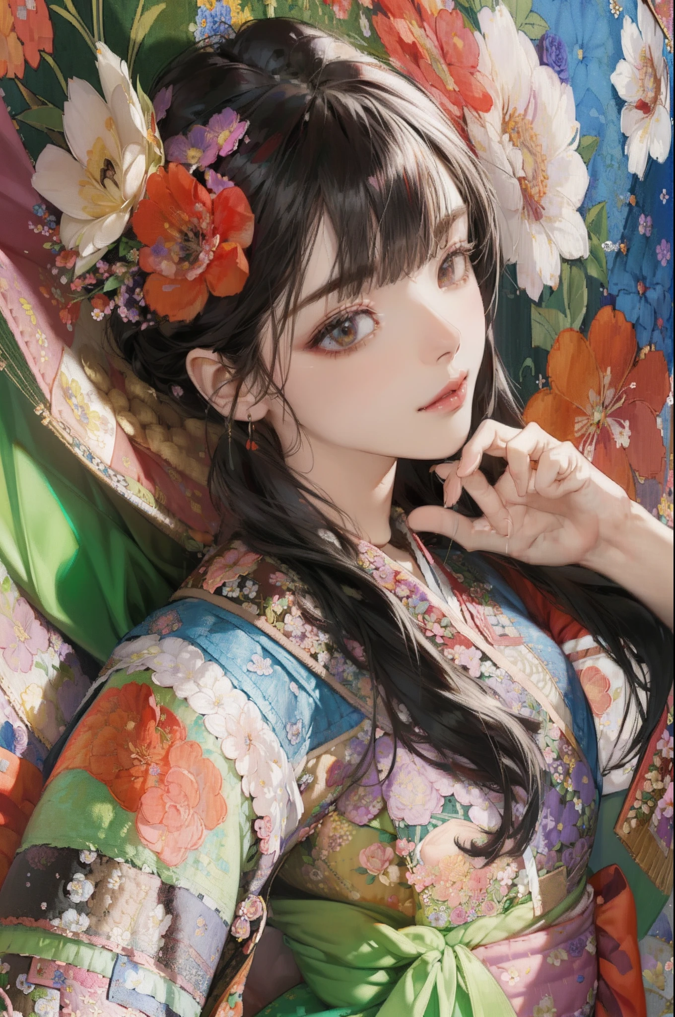 (Patchwork flower Tapestry art background:1.5),colorful、Black hair、Long、Korean beauty with matching bangs、Thin eyeliner、Rose red lips、red kimono、Strong studio lighting、top-quality、masterpiece、bokeh dof、Front Focus
