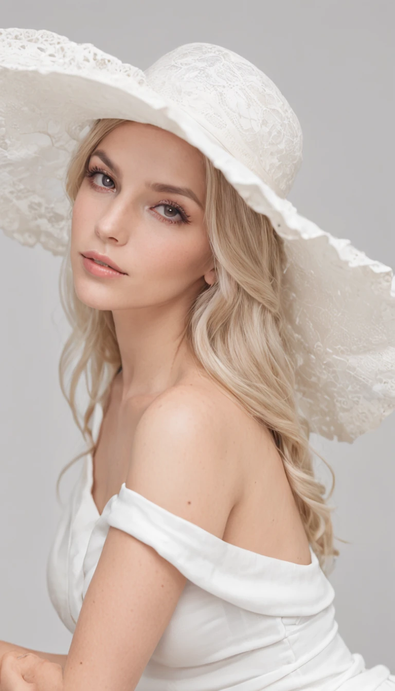 side view of a stunning beautiful woman with blond hair, brown eyes, giant bare tits, bare body, wearing a big white hat, sitting on a white sofa, in a white bright room, in the background white walls and a white door