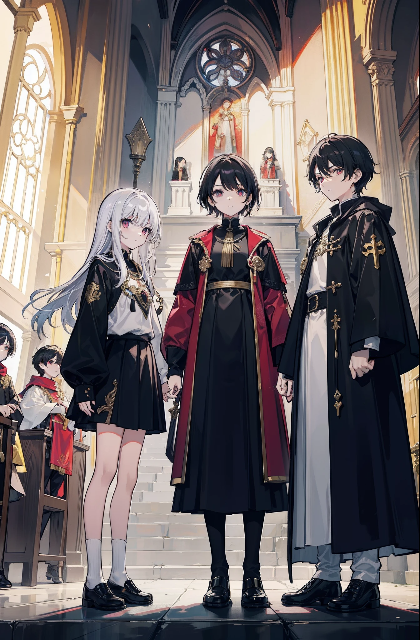 Dragon and phoenix fetus，Sister and brother，Black-haired younger brother，Older sister with white hair，The younger brother is 14 years old，My sister is 15 years old，Stand in front of the large bell of the church，16k,Ultra high quality