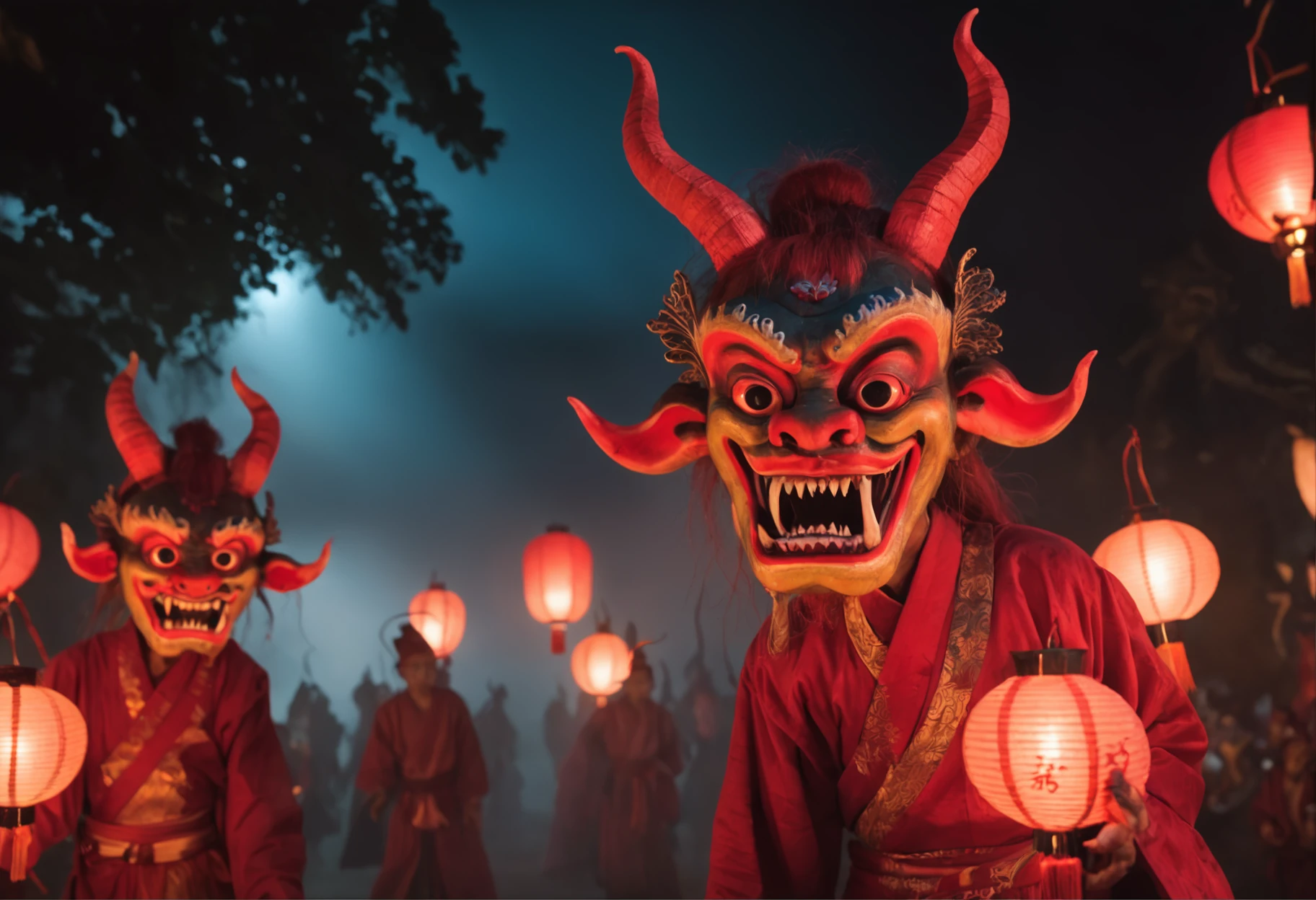 "A mesmerizing and haunting portrayal of the 'Night Parade of One Hundred Demons' – a masterpiece with impeccable quality, depicting a mystical and ethereal atmosphere. Capture the essence of the parade with intricate details, immersive lighting and shadows, vibrant colors, and dynamic angles. Showcase a diverse range of supernatural creatures and spirits, each with their unique characteristics and expressions. Emphasize the mesmerizing glow of lanterns, the eerie ambiance of moonlight, and the mystique of mist and fog. Transport the viewer to a world filled with otherworldly wonders, where ancient folklore comes to life and the boundary between reality and fantasy blurs."