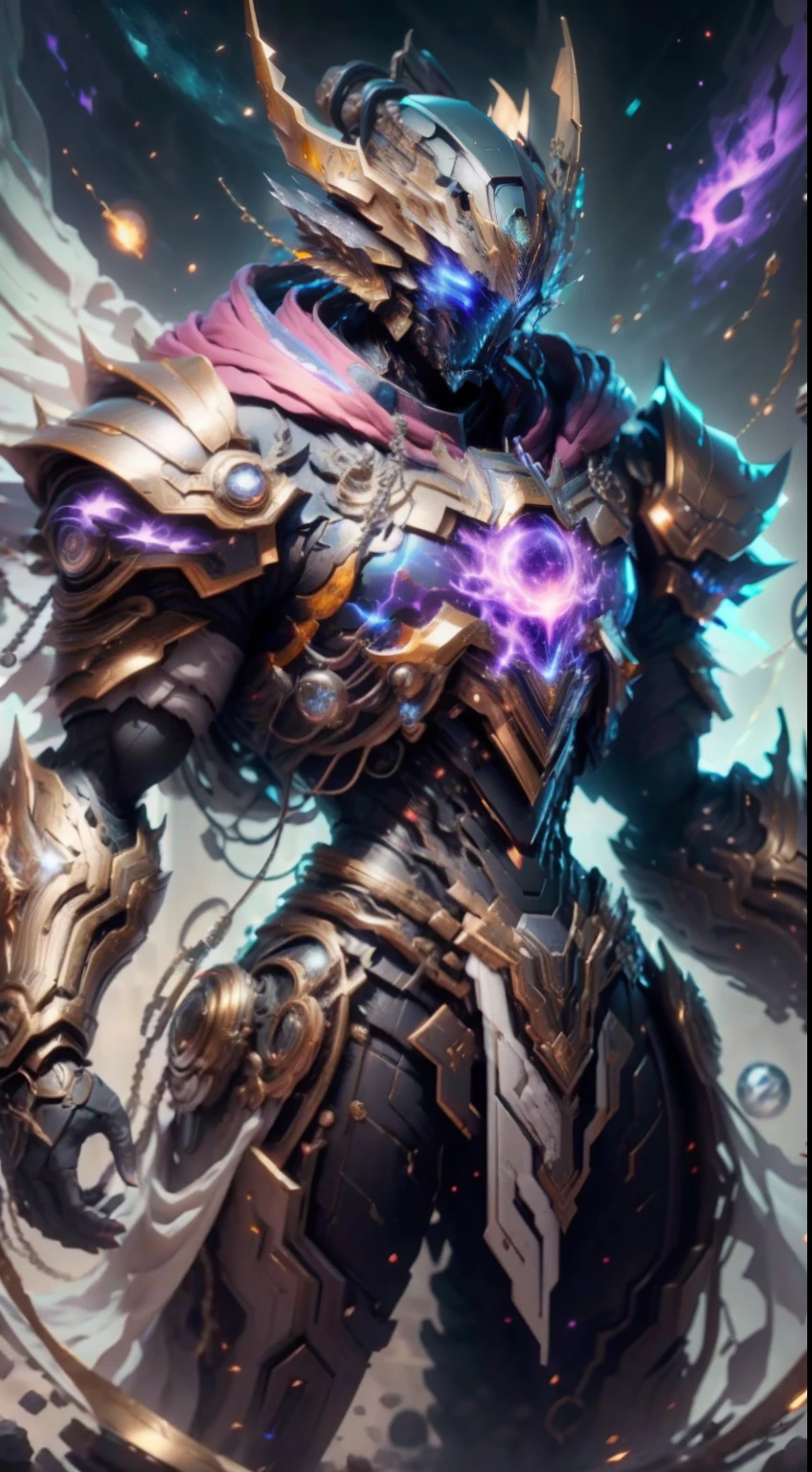 A Dragon Emperor in the Milky Way, Sun Surface on background, Golden Saint Seiya Limb Armor, (Cloak), (Dragon Symbol: 1.5), (Gundam Exia: 1.5), (Starry Sky: 1.8) (Mecha) (Mechanical) (Armor), (Open leg: 1.3), Perfect, (Wide Angle), (Black Background: 1.6), Best Quality, Masterpiece, Super Resolution, (Reality: 1.4), Crazy Detail, Unrealistic Engine Style, Boca Effect, David La Chapelle style lens, bioluminescent palette: light blue, light gold, light pink, bright white, wide angle, ultra-fine, cinematic still life, vibrant, Sakimichan style, perfect eyes, highest image quality 8K, inspired by Harry Winston, Canon EOS R 6 shooting masterpiece "Chaos 50,--, under eye mole, ray tracing, surrealism, textured skin