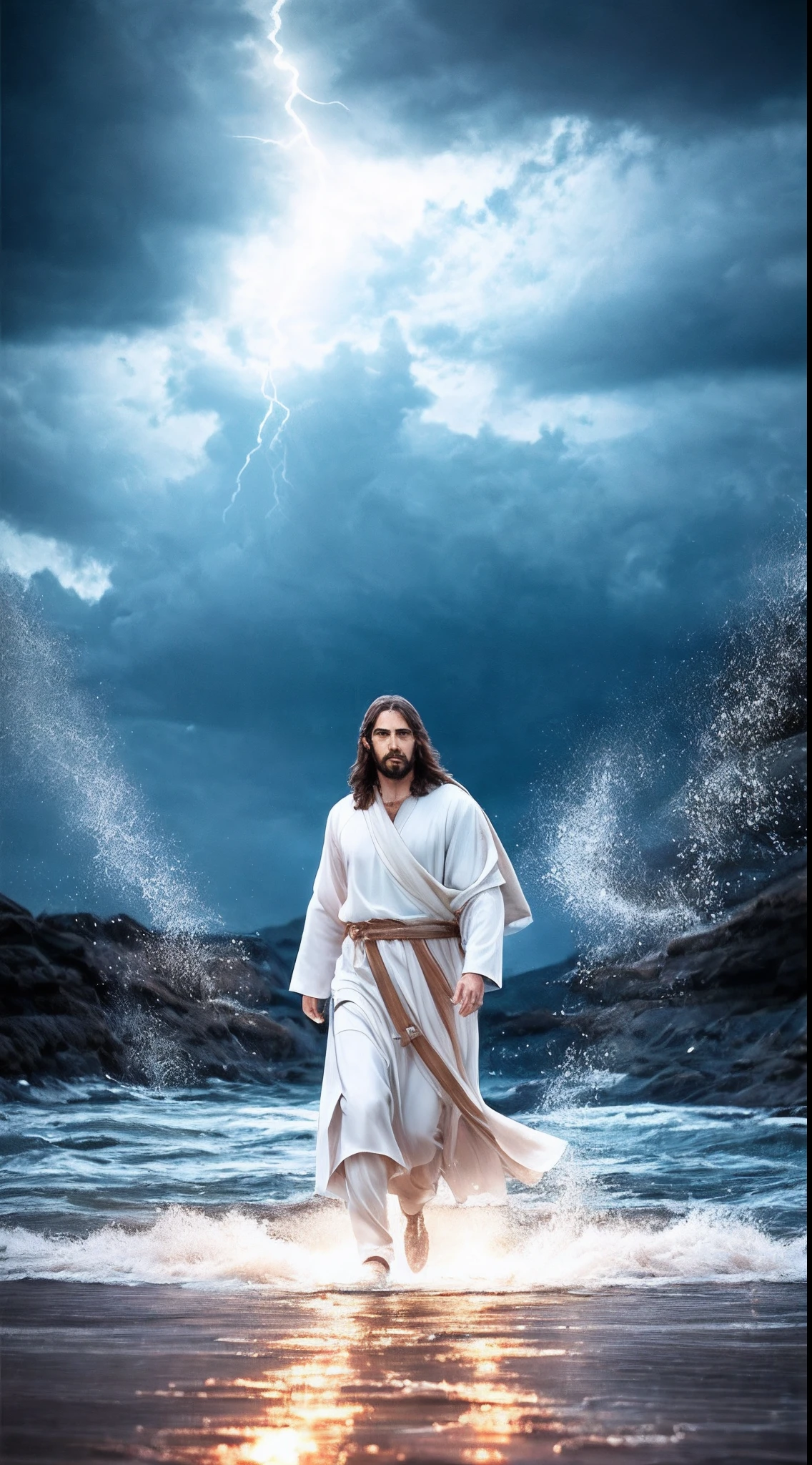 Jesus walking on water in a storm, gentle expression, streaks of light coming down from the sky, masterpiece, highest quality, high quality, highly detailed CG unit 8k wallpaper, award-winning photos, bokeh, depth of field, HDR, bloom, chromatic aberration, realistic, very detailed, trending at artstation, trending at CGsociety, complex, high detail, dramatic, mid-journey art, volumetric lighting