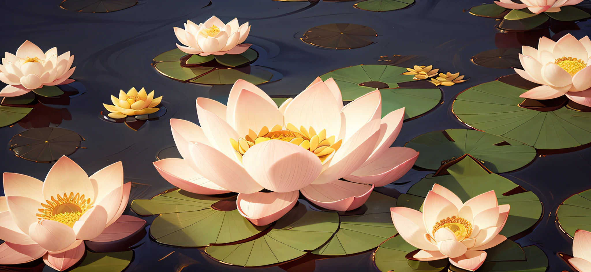 Create an image with a background filled with several lotus flowers, conveying a sense of universalism.