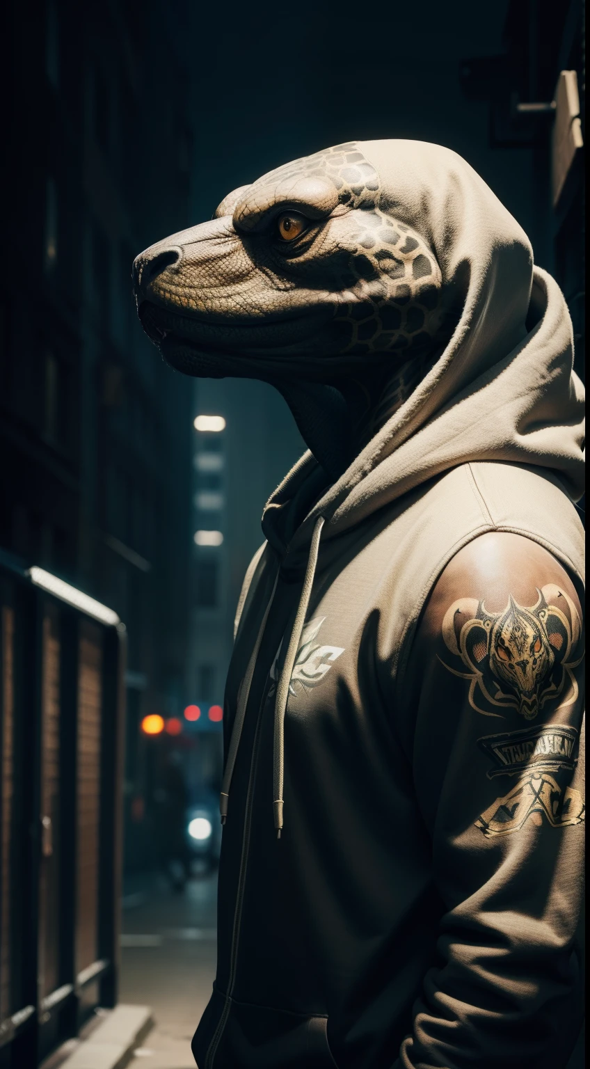 rapper, bald, hoodie street style, tattoo, snake head, Animal Anthropomorphism, realistic digital, humanoid, abstract background, global illumination, intricate, epic, dramatic, masterpiece, high detail, best quality, ultra high res