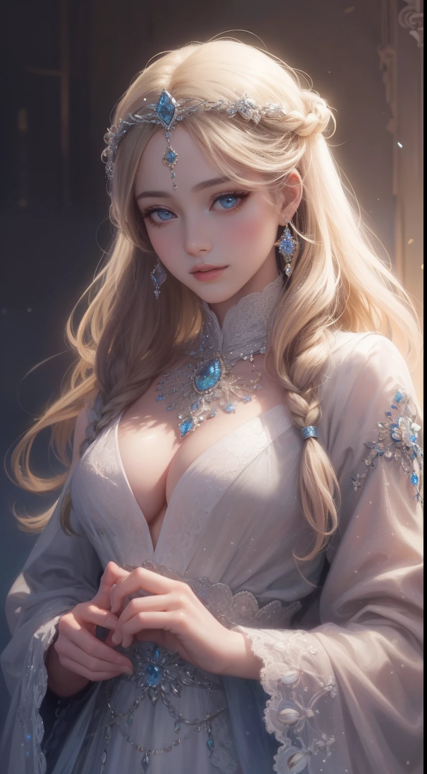 tmasterpiece,Highest high resolution,Bust of a beautiful noble maiden,Delicate braided hair,Coiled hair,Shining clear eyes,The hair is covered with beautiful and delicate floral craftsmanship, crystal、Diamond jewelry filigree,Ultra-detailed details,upscaled,softlighting。