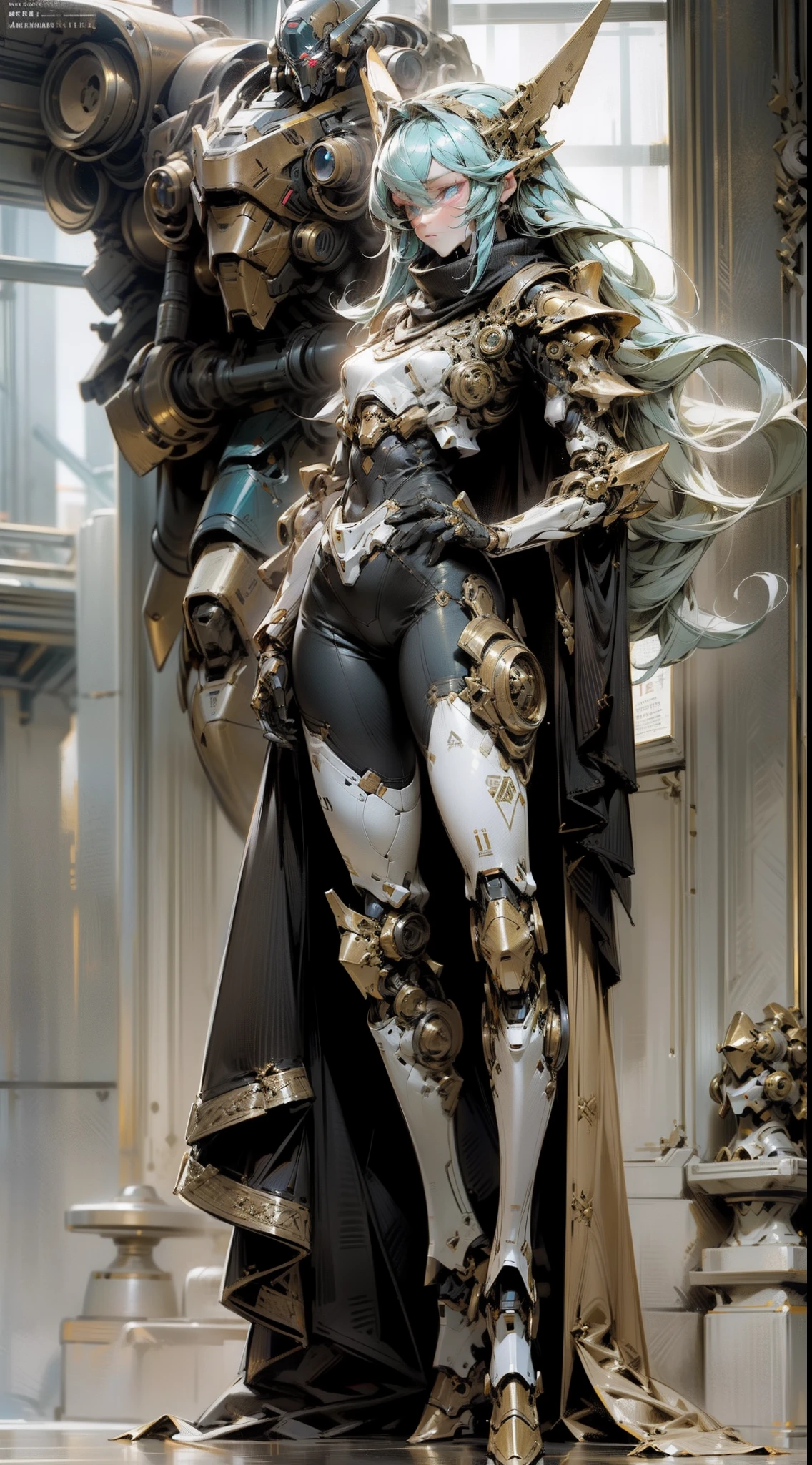 Elegant Girl, One Mecha Girl, Full Body Portrait, Humanoid Knight Mecha, Dark, Si-Fi, post apocalype, Sky Blue Eyes, Acient Knight style Mecha, Extreme Detailed, Realistic, Black and Gold, beautiful Leg, human skin legs