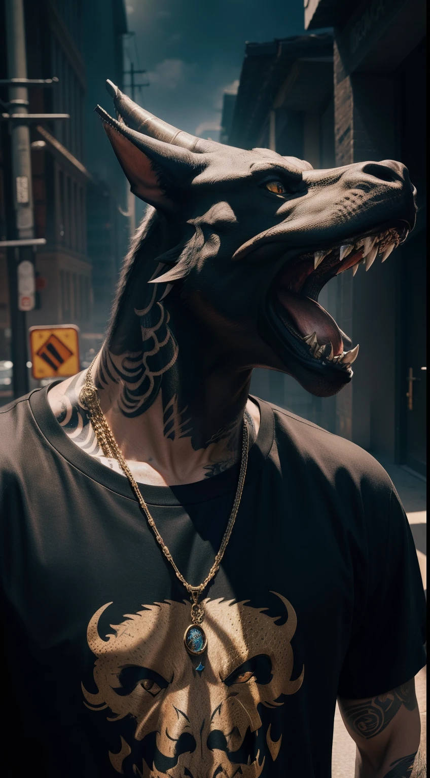 rapper, black t-shirt, street style, tattoo, dragon head, Animal Anthropomorphism, realistic digital, humanoid, abstract background, global illumination, intricate, epic, dramatic, masterpiece, high detail, best quality, ultra high res