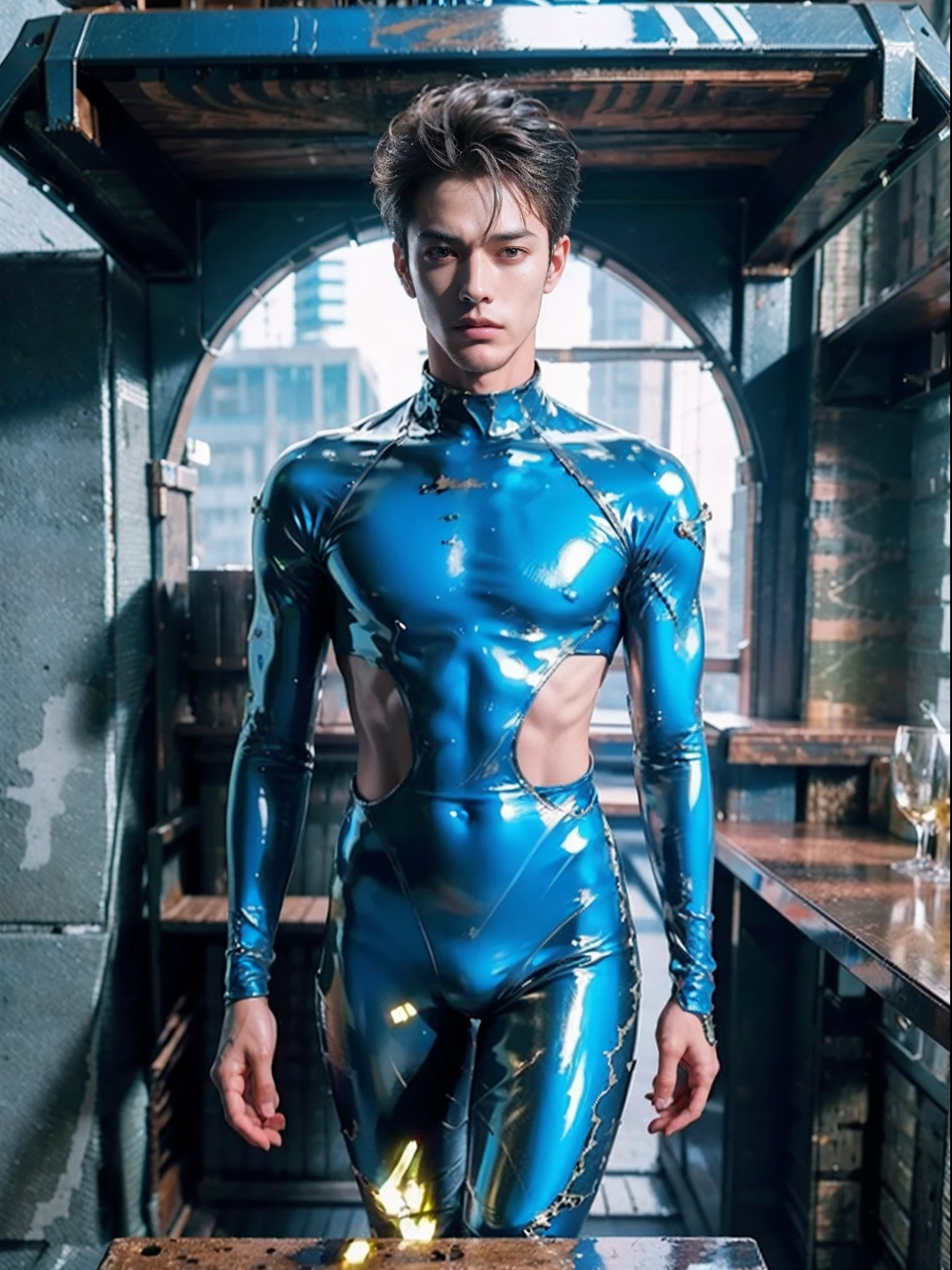 shinji，are standing，Stuck in a swamp，mud ground，Swamp traps，full bodyesbian，Sunny and handsome，Muscular body，large muscle，fully body photo，One-piece latex garment，latex shiny, latex legwear，latex glove，Shin Evangelion，Put it on the combat base，Blue tight combat suit，Latex Combat Suit，Wear latex clothing, Wearing a blue skinny suit, Smooth pink skin,  Wearing latex, shiny plastic, shiny metallic glossy skin, Sparkly Colors, latex outfit, chrome bodysuit, cyberpunk glossy latex suit, Shiny, futuristic glossy latex suit