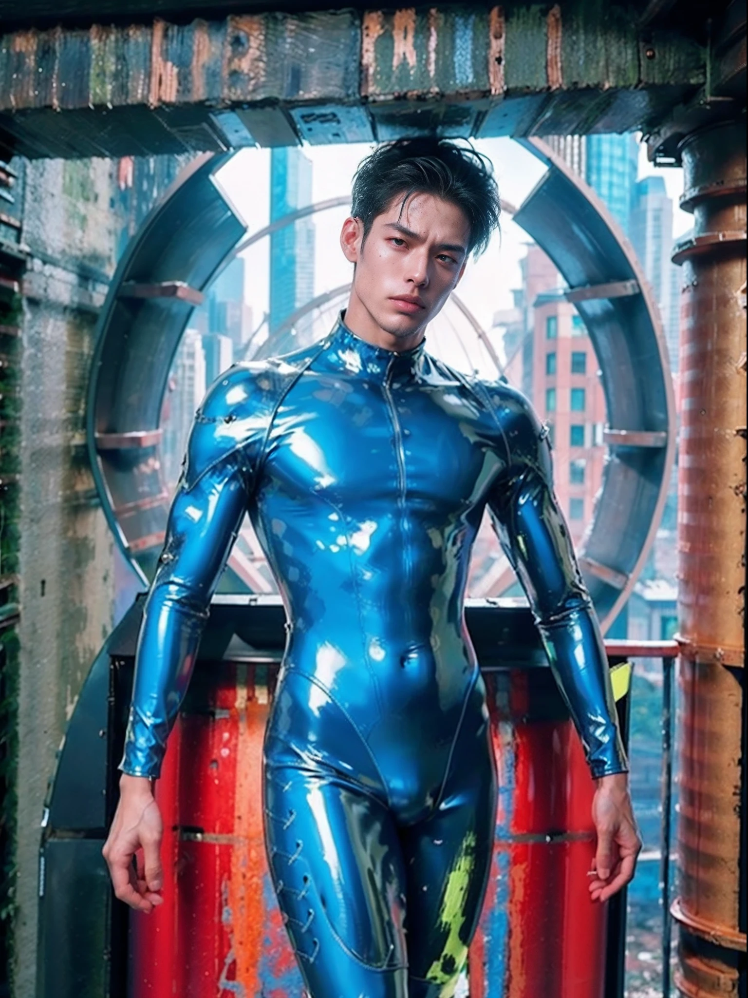 shinji,are standing,Stuck in a swamp,mud ground,Swamp traps,full bodyesbian,Sunny and handsome,Muscular body,large muscle,fully body photo,One-piece latex garment,latex shiny, latex legwear,latex glove,Shin Evangelion,Put it on the combat base,Blue tight combat suit,Latex Combat Suit,Wear latex clothing, Wearing a blue skinny suit, Smooth pink skin, Wearing latex, shiny plastic, shiny metallic glossy skin, Sparkly Colors, latex outfit, chrome bodysuit, cyberpunk glossy latex suit, Shiny, futuristic glossy latex suit
