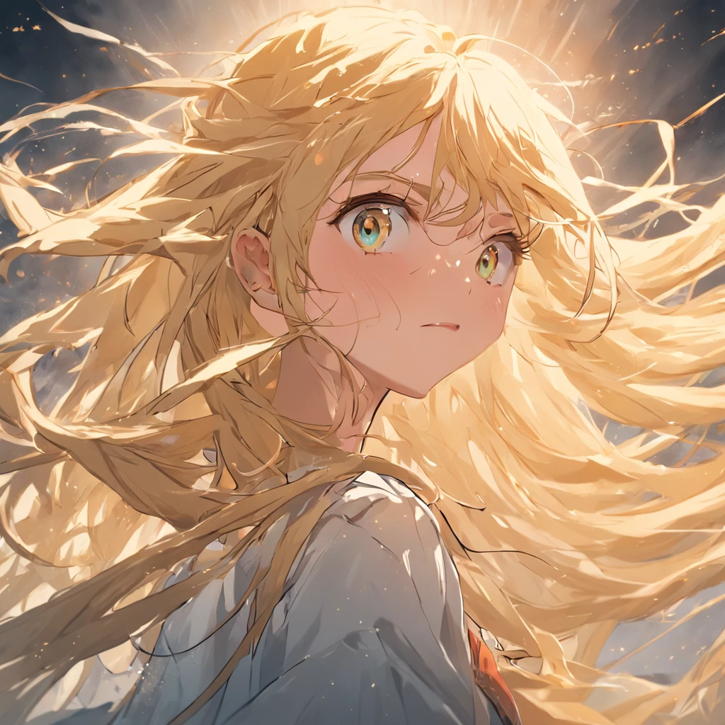 Long blonde hair blown by the wind,Golden eyes,Holy Spirit,Suspended in the air,4K,ultra-realistic realism,teens girl, Portrait photography, Ultra-wide angle, Depth of field, Hyper-detailed,editorial photography , photoshoot, Shot on 70mm lense, Depth of field, degrees of freedom, 32K, Hyper-Resolution