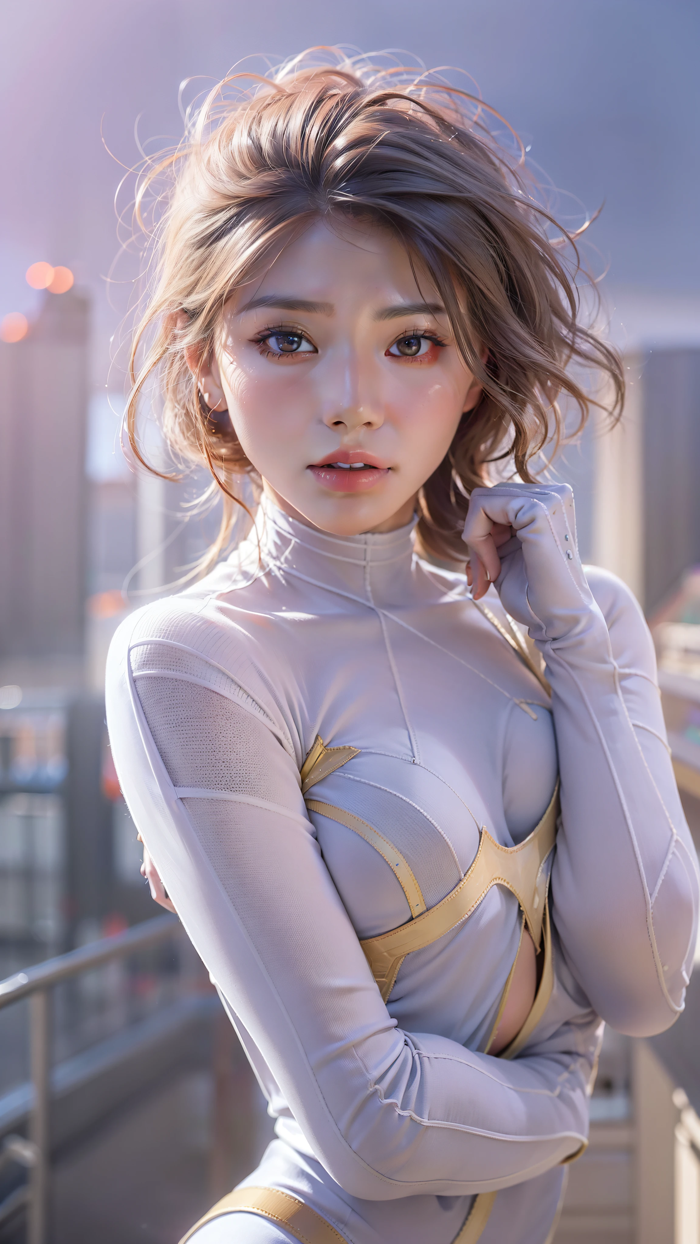 (1girl:1.3), Solo, (((Very detailed face)))), ((Very detailed eyes and face)))), Half body potrait, Beautiful detail eyes, Body parts__, Official art, Unified 8k wallpaper, Super detailed, beautiful and elegant, beautiful, masterpiece, best quality, original, masterpiece, super fine photo, best quality, super high resolution, realistic realism, sunlight, full body portrait, amazing beauty, dynamic pose, delicate face, vibrant eyes, (from the front), She wears White Spider-Man suit, white and pink color scheme, spider, very detailed city roof background, rooftop, overlooking the city, detailed face, detailed complex busy background, messy, gorgeous, milky white, highly detailed skin, realistic skin details, visible pores, clear focus, volumetric fog, 8k uhd, DSLR, high quality, film grain, fair skin, photo realism, lomography, futuristic dystopian megalopolis, translucent