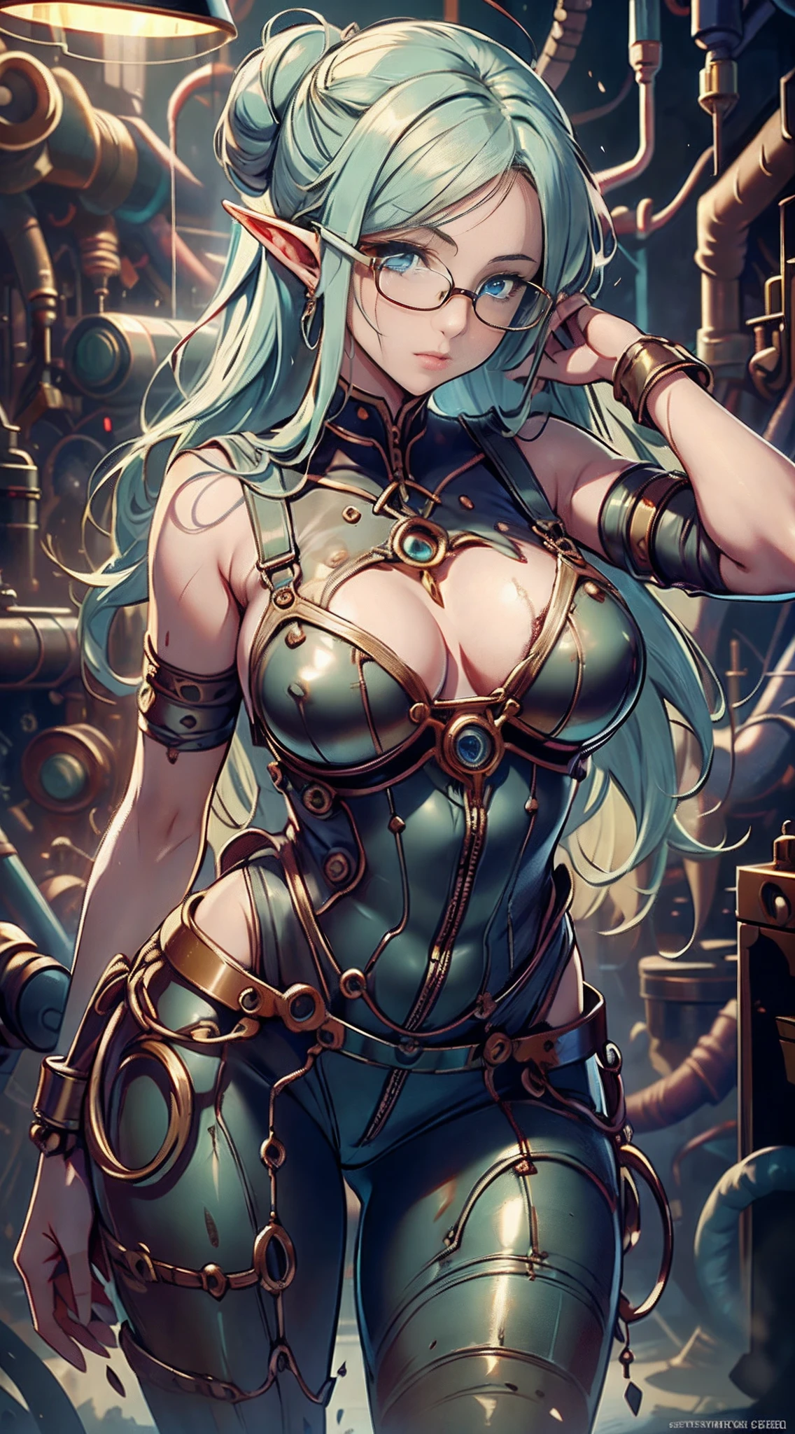 Dirty female elf mechanic, In a complex mechanical room,Exquisite hands,,finely quality eyes,1girll, (Solo:1.5), Full body shot,, Wear only one overalls,, Blue eyes ,Slim figure,Large breasts, Glasses, Hair combed into a messy bun,Golden hair,slimfigure,rimless eyewears,Covered in oil,Dimly lit room。