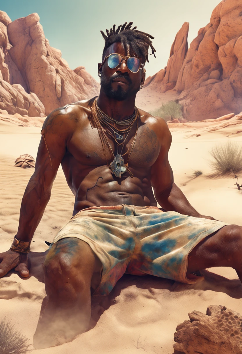 (wtrcolor style, an extremely detailed watercolor painting, cyberpunk theme), black man (pirate) laying on his back in the desert, (naked, penis, hairy chest, hairy body, tattoos), dramatic pose, next to a pool, watercolour desert scene (sand, rocks), colourful, lush)