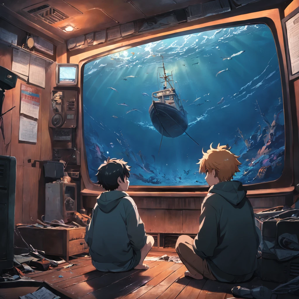tmasterpiece,best qualtiy,cinematic Film still from,1 boy sitting in front of the TV,Television news report features,The fishermen went crazy and killed the fishermen on the boat。