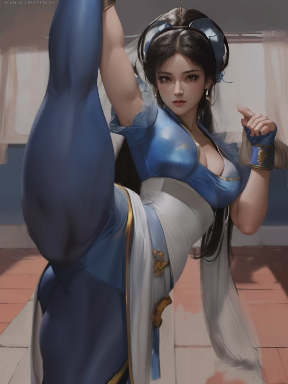 uma imagem de desenho animado de uma mulher em uma roupa azul segurando uma espada, Retrato de Chun - Li, Chun Li, Chun-Li, Chun - Li, Retrato de Chun Li, chun li at the gym, pose mais forte, Artgerm extremamente detalhado, Pose de lutador, pose, Pose de luta, pose intimidadora, em pose de luta, Pose de luta