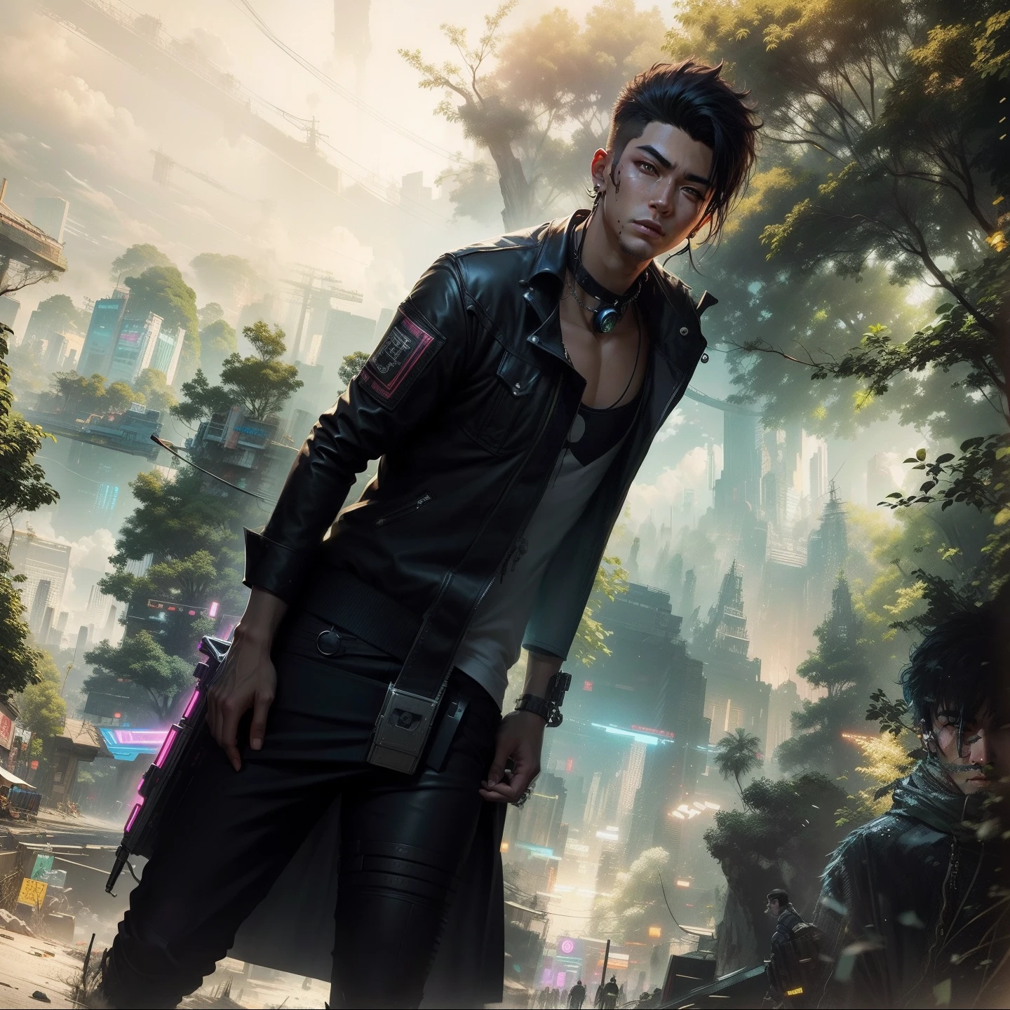 Chang background cyberpunk handsome boy, realistic face,8k, ultra realistic ,