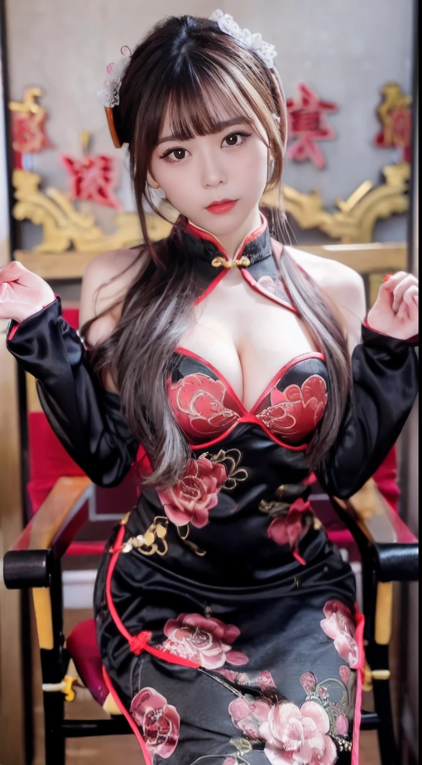 1girl in ,(qipao dress),Colossal tits, wide open cleavage,(( Character Play)),((Chinatown)) ,  (Black long-haired),((looking to camera)), High resolution,Highly detailed, looking to camera,Keep your hands above your head、Composition from below、appearance々Posing、Sitting on a chair