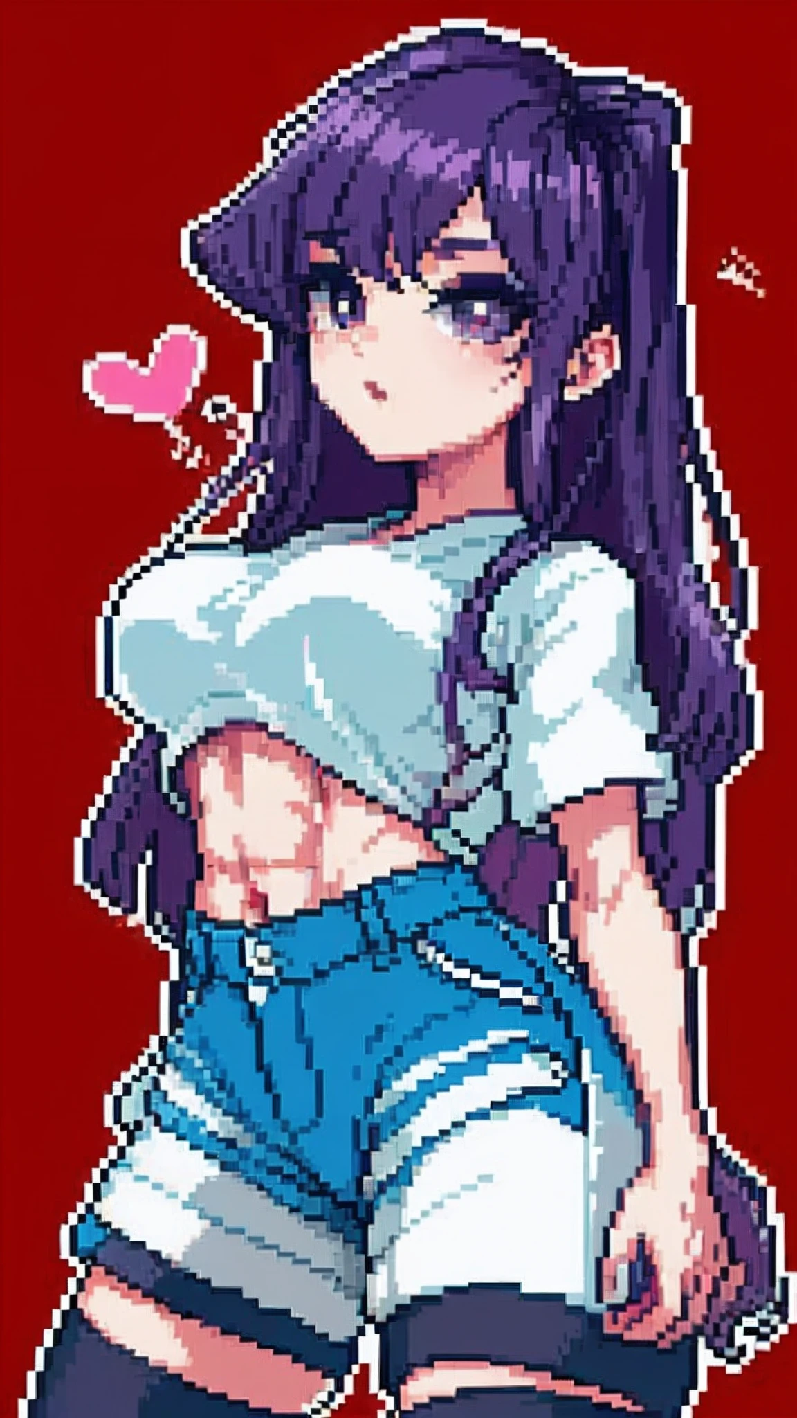 komi shouko,pixal style ,(A white border around a dark red rectangular background:2.5),The shirt,Abs,cropped shoulders,C cup,Ultra shorts,black lence stockings,High detail,Moles under eyes, Heart-shaped pupils,Love pupils,Fleshy thighs,highly rendered,detailed face with