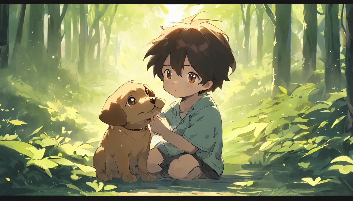 O cachorrinho era pequeno e fofo na floresta, com pelagem macia e olhos brilhantes, Luke immediately felt a special connection with him, He took him in his arms and decided to call the puppy "Bolinha", due to his playful way
