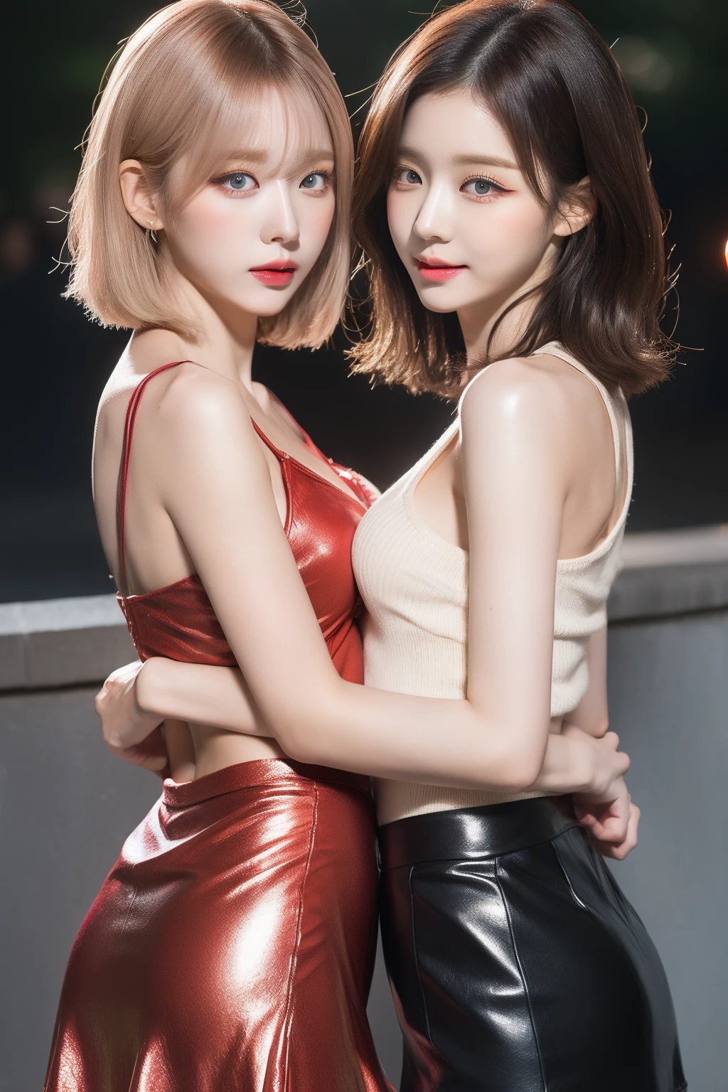 2girls、sprawl、the kiss、embracing each other、Hot kiss、Top image quality、Raw photography、超A high resolution、-yeld wo、big round chest、Thin and tight metallic gloss tube top、Thin and tight metallic red skirt、Metallic Gloss Knee High Socks、Leather boots、Beautiful Eyes of Details、very elongated eyes、Beautiful eyelashes、Beautiful double eyelids、Bright blonde shorthair、very slender physique、Glossy dark red lipstick、eyeshadows、eye line、Sad face、red blush、The whole body is soaking wet、Turn your butt towards us、Sateen、