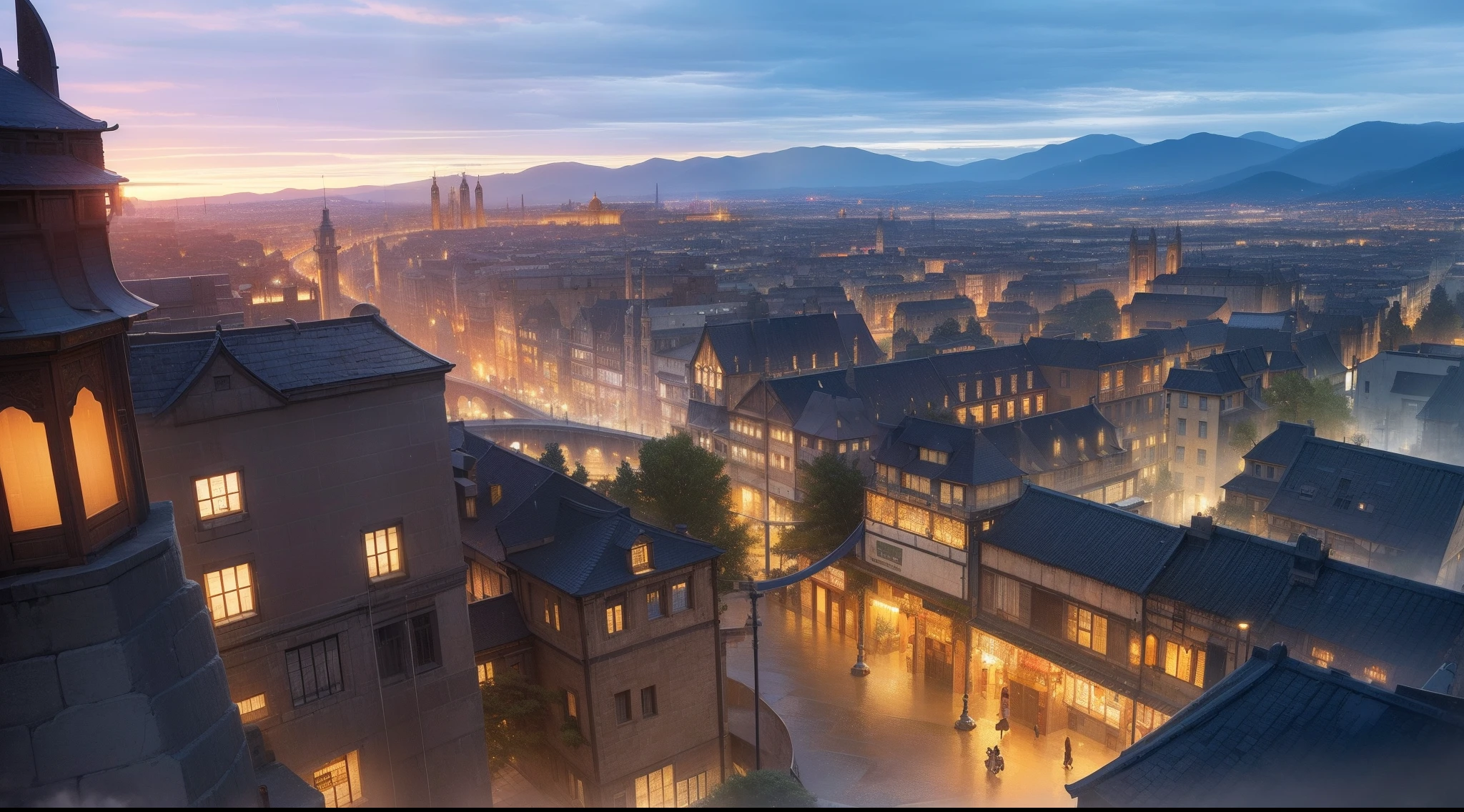 ((tmasterpiece)), ((best qualtiy)), ((high detal)), ((Photorealsitic,)) Industrial age city，Deep valley in the middle，architectural streets，bazaars，Bridges，rainy sky，steampunc，European-style architecture。