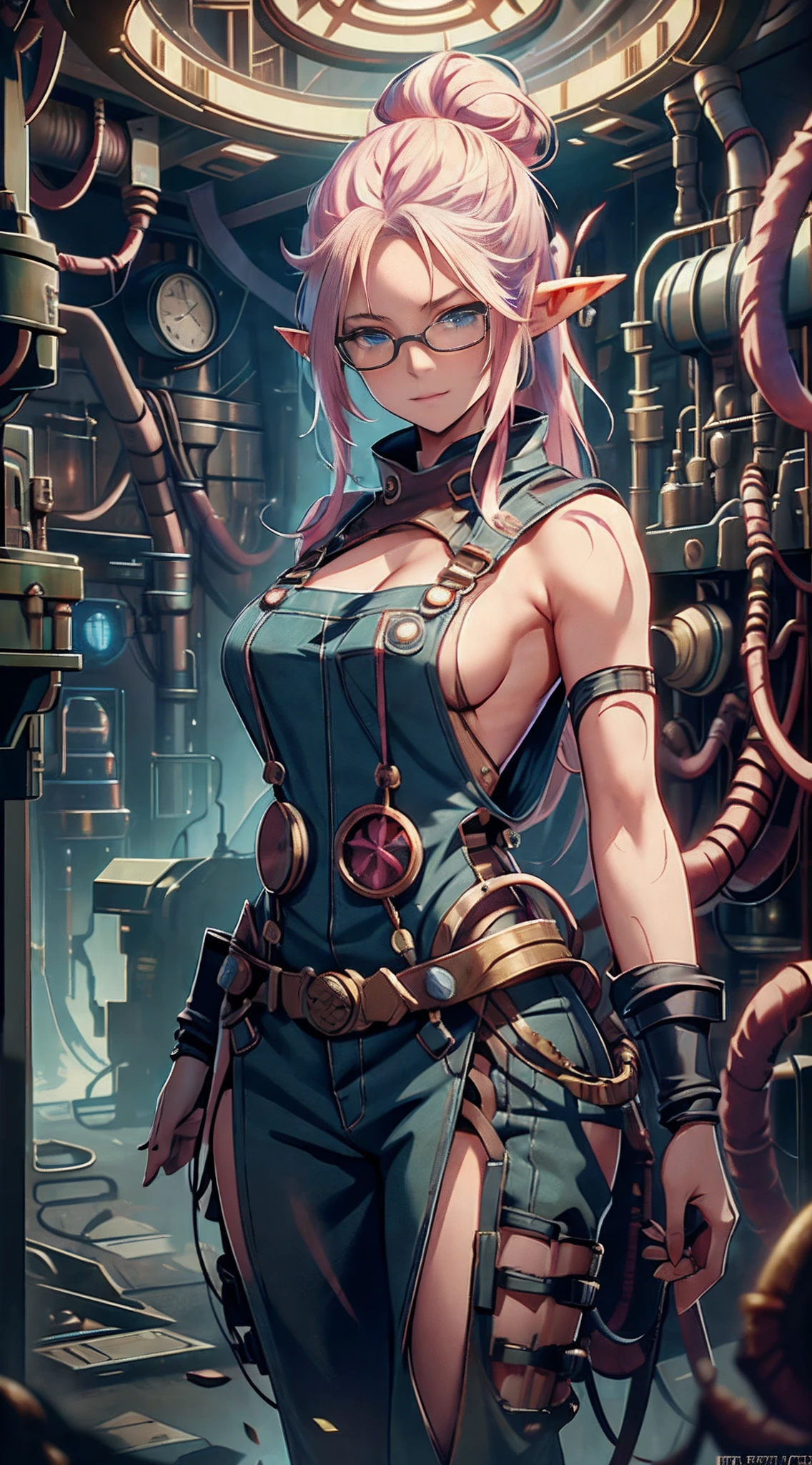 Dirty female elf mechanic,Complex mechanical room,1girll, (Solo:1.5), Full body shot,, Wear only one overalls,, Blue eyes ,Slim figure,Large breasts, Glasses, Hair combed into a messy bun,Golden hair,slimfigure,rimless eyewears,Covered in oil,Dimly lit room。A pink-haired
