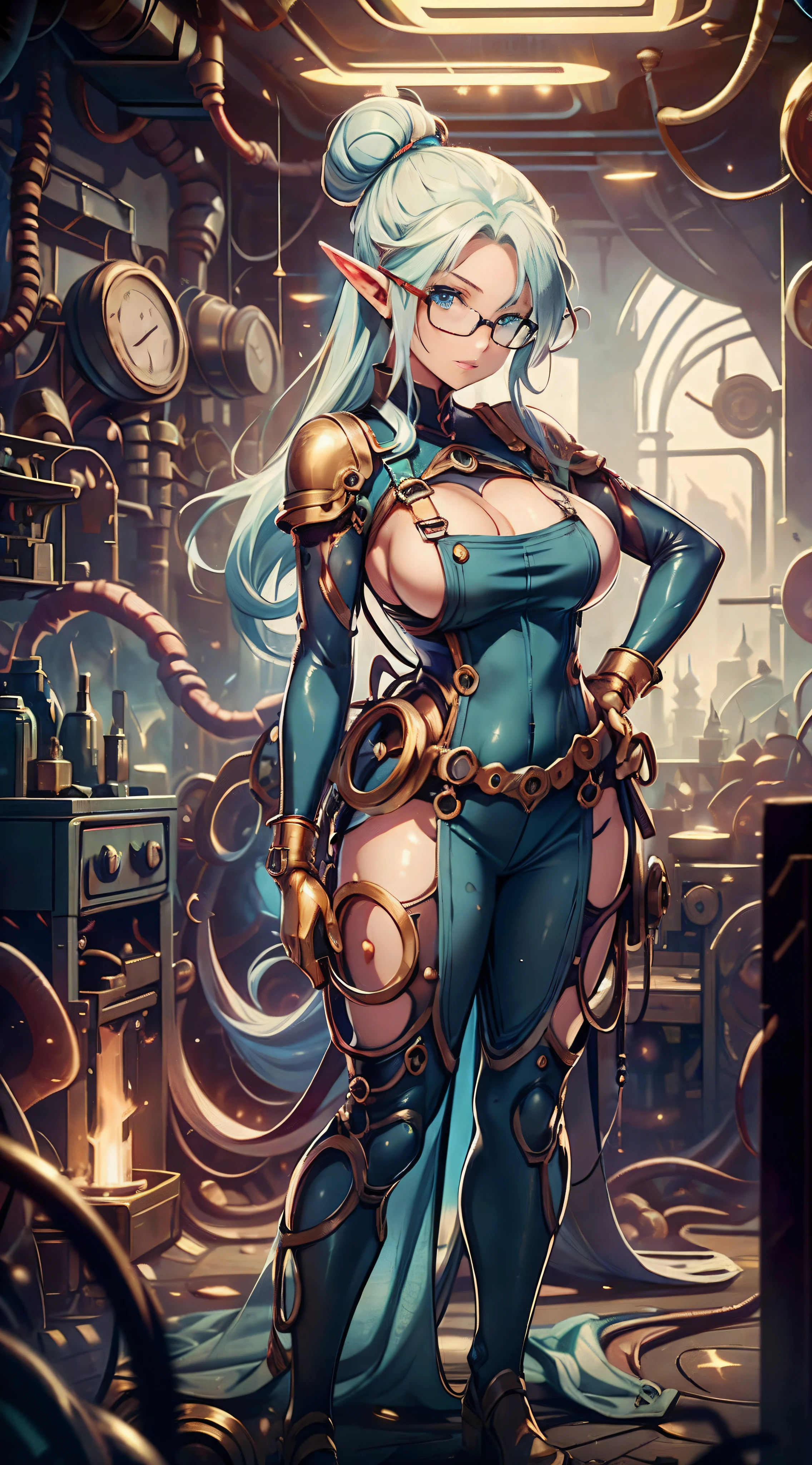 Dirty female elf mechanic, In a complex mechanical room，Exquisite hands，，finely quality eyes，1girll, (Solo:1.5), Full body shot,, Wear only one overalls,, Blue eyes ,Slim figure，Large breasts, Glasses, Hair combed into a messy bun，Golden hair，slimfigure，rimless eyewears，Covered in oil，Dimly lit room。